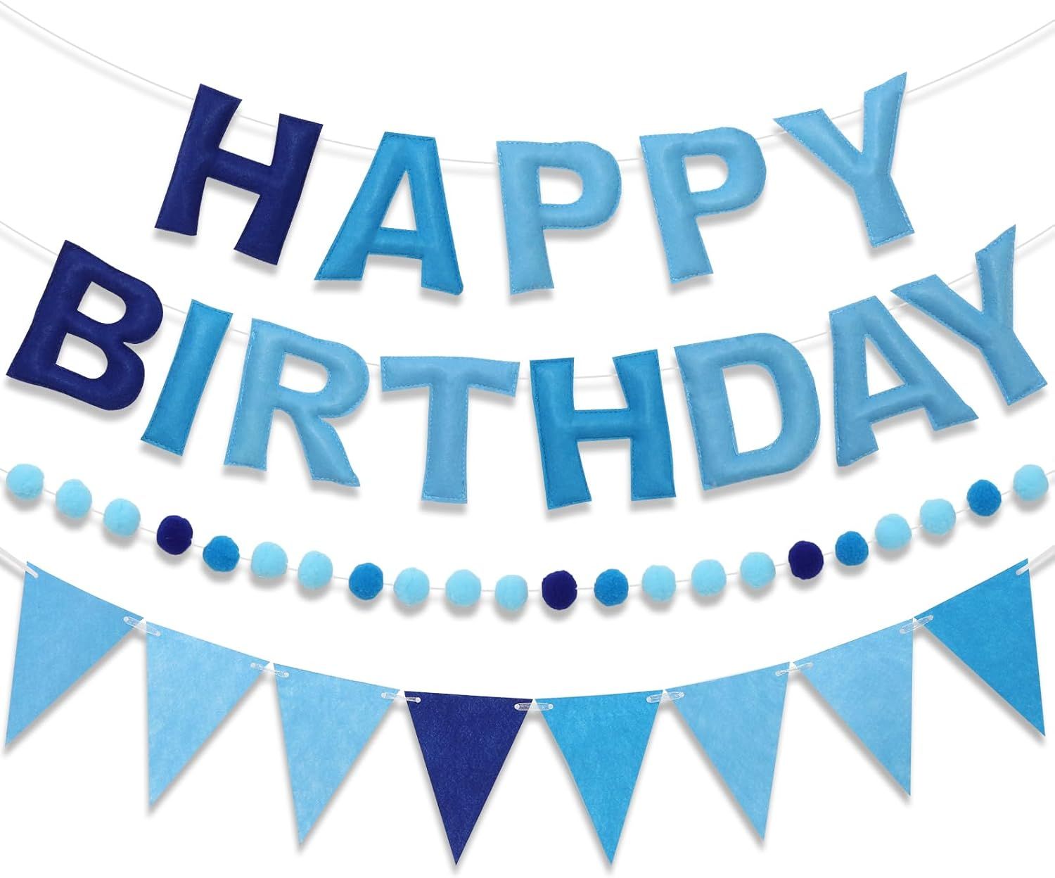 Pre-Strung Happy Birthday Banner & Felt Garland Set - Ombre Blue Birthday Decorations for Women Men Boys Girls | Reusable Party Supplies for Indoor & Outdoor