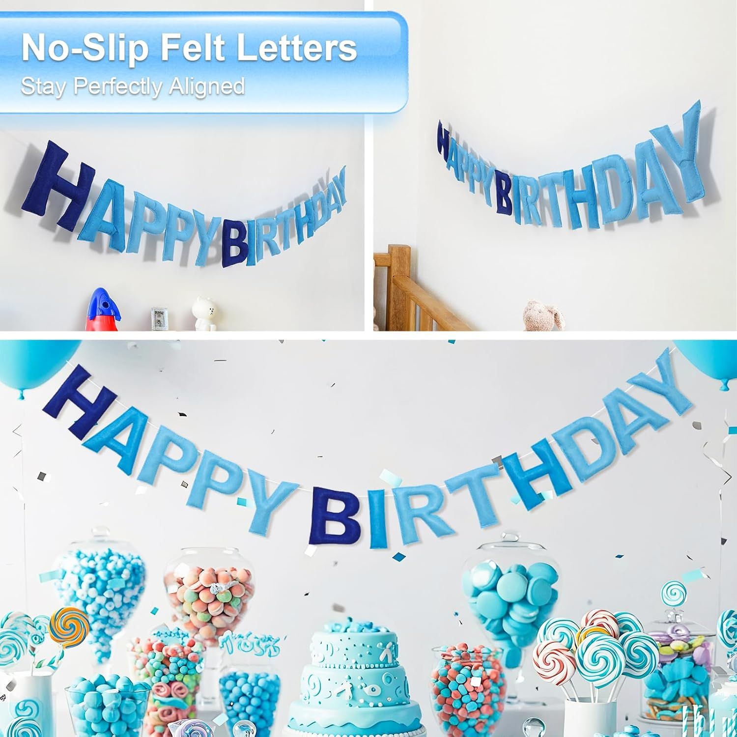 Pre-Strung Happy Birthday Banner & Felt Garland Set - Ombre Blue Birthday Decorations for Women Men Boys Girls | Reusable Party Supplies for Indoor & Outdoor