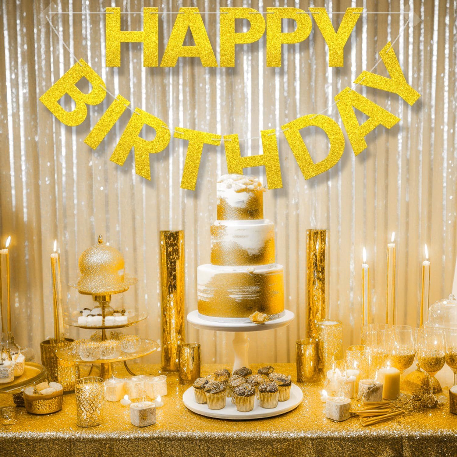 Happy Birthday Banner - 9 ft Pre-Strung Backdrop Sign for Women, Men, Girls, Boys - No DIY Gold Glitter Birthday Decorations & Party Supplies