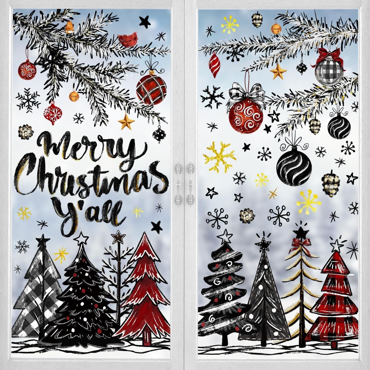 136 PCS Christmas Window Clings Stickers Winter Snowflakes Merry Christmas Tree Pine Branches Window Decals for Xmas Party Home Holiday Shop Glass Display Decoration