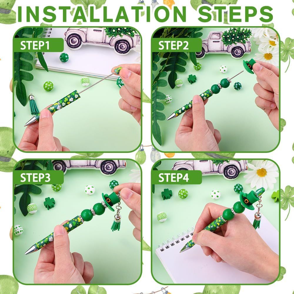 12 Set St Patricks Day Beadable Pens Plastic Bead Pens Clover Green Bulk Ballpoint DIY Crafting Pens Making Kit with Pendants Lobster Clasps for Students Teens School Office Supplies
