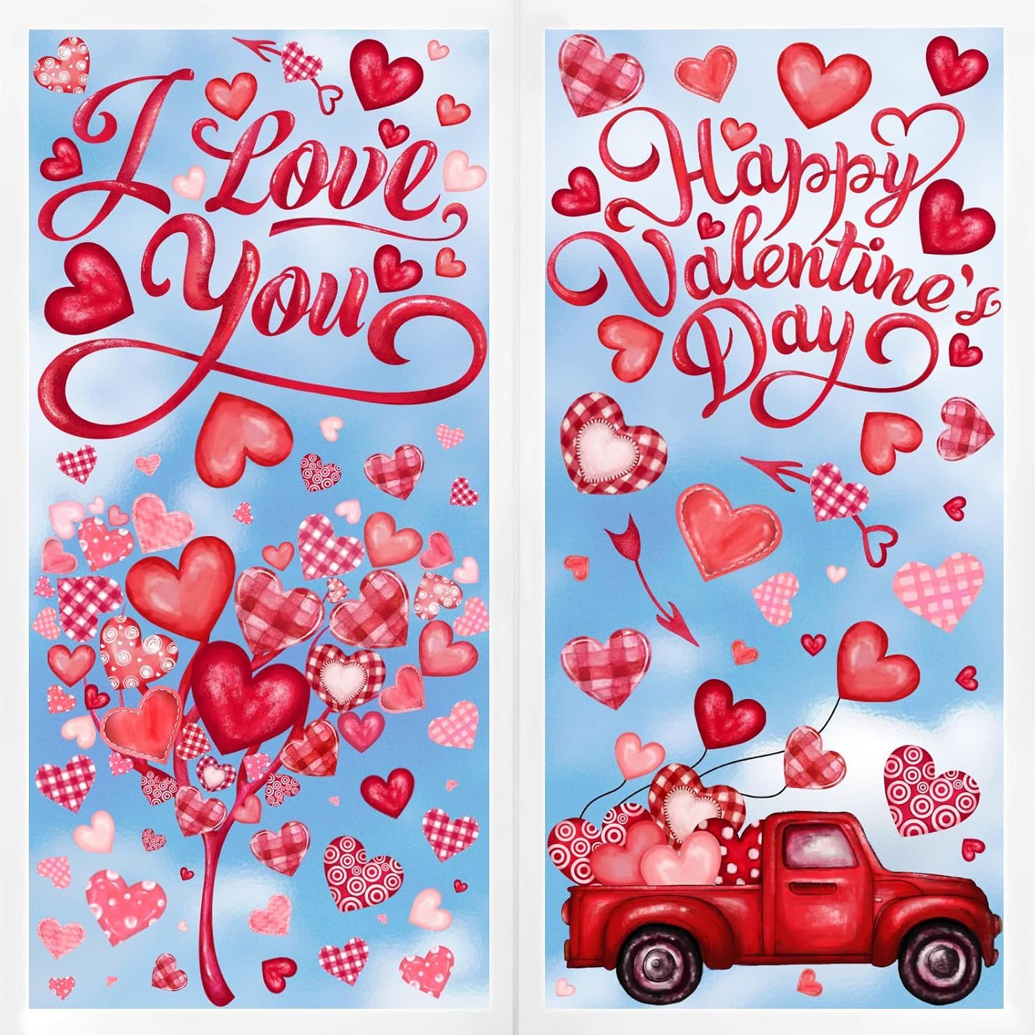 6 Valentine's Day Window Clings Valentine Window Decors Pink Hearts-Shape Tree Truck Happy Valentine’s Day Glass Stickers Decal Double Sided for Home Kitchen Decorations Party Supplies