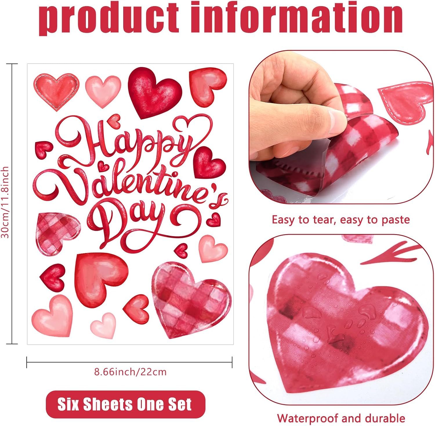 6 Valentine's Day Window Clings Valentine Window Decors Pink Hearts-Shape Tree Truck Happy Valentine’s Day Glass Stickers Decal Double Sided for Home Kitchen Decorations Party Supplies