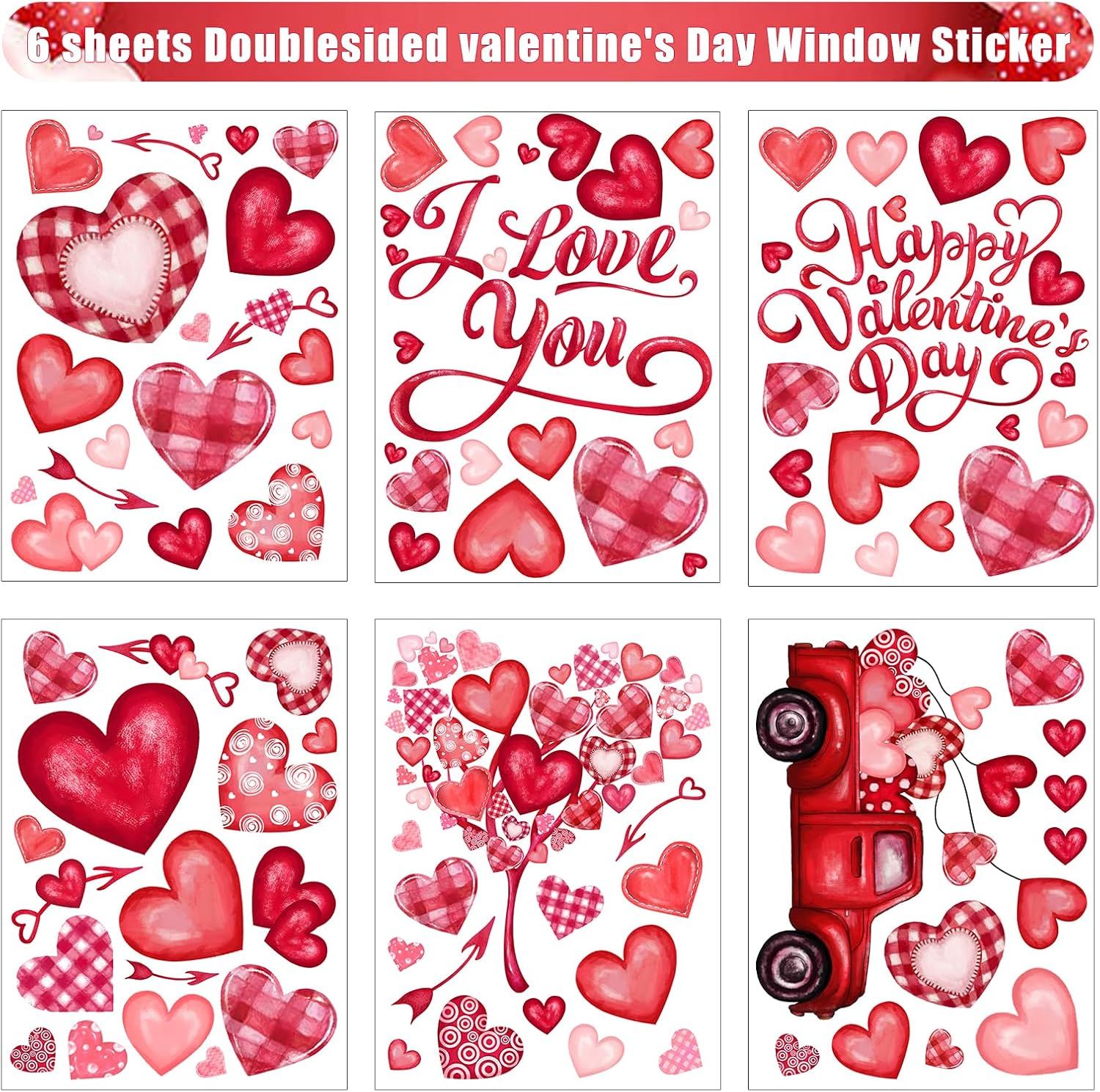 6 Valentine's Day Window Clings Valentine Window Decors Pink Hearts-Shape Tree Truck Happy Valentine’s Day Glass Stickers Decal Double Sided for Home Kitchen Decorations Party Supplies
