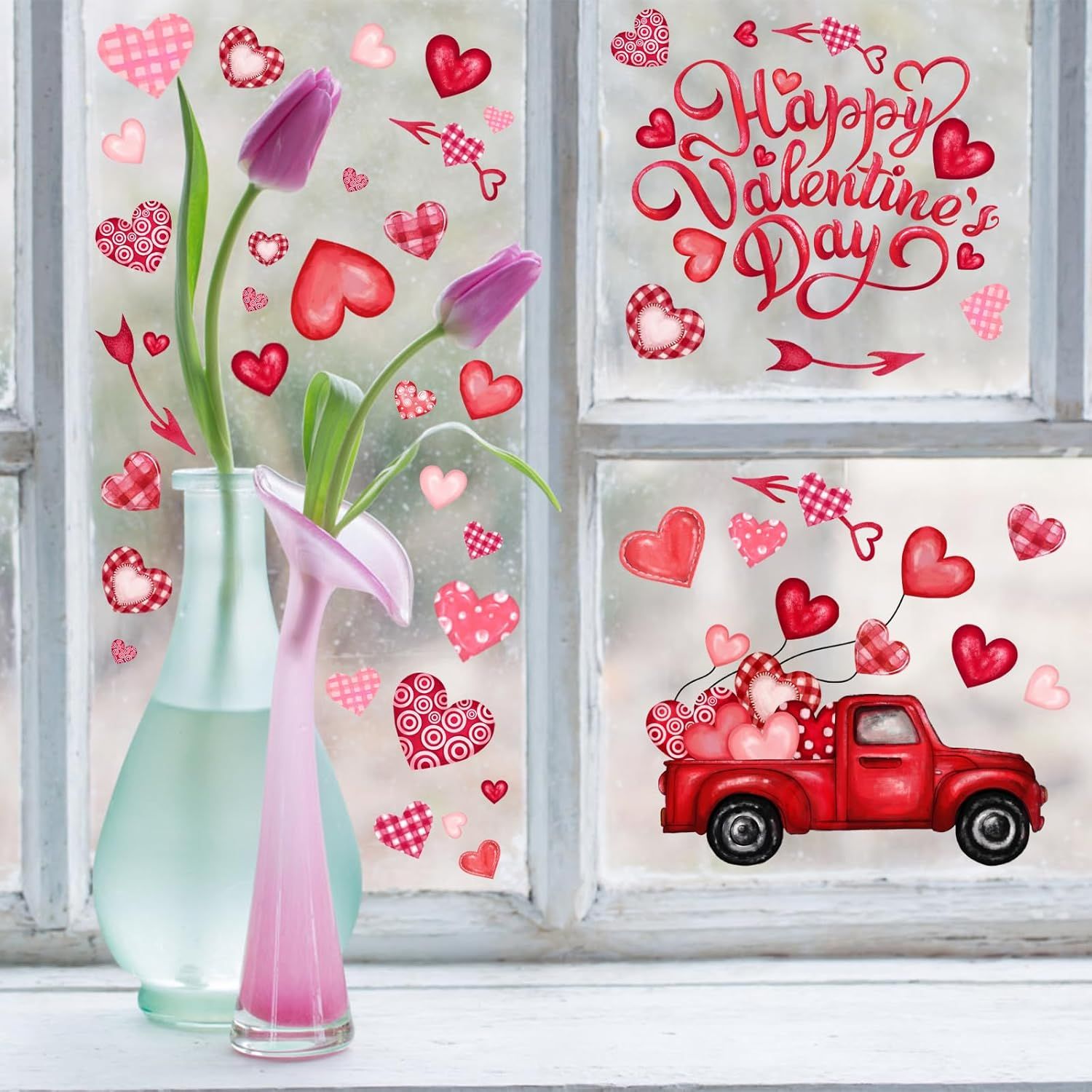 6 Valentine's Day Window Clings Valentine Window Decors Pink Hearts-Shape Tree Truck Happy Valentine’s Day Glass Stickers Decal Double Sided for Home Kitchen Decorations Party Supplies