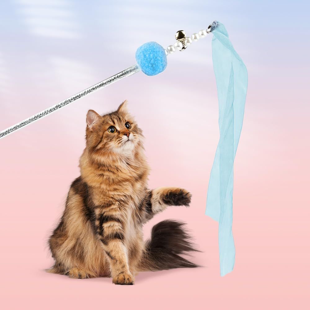 Cat Wand Toys, 5Pcs Interactive Kitten Feather Wand Toys for Bored Indoor Cats, Cat Teaser Wand with Bell and Crinkly Paper, Blue