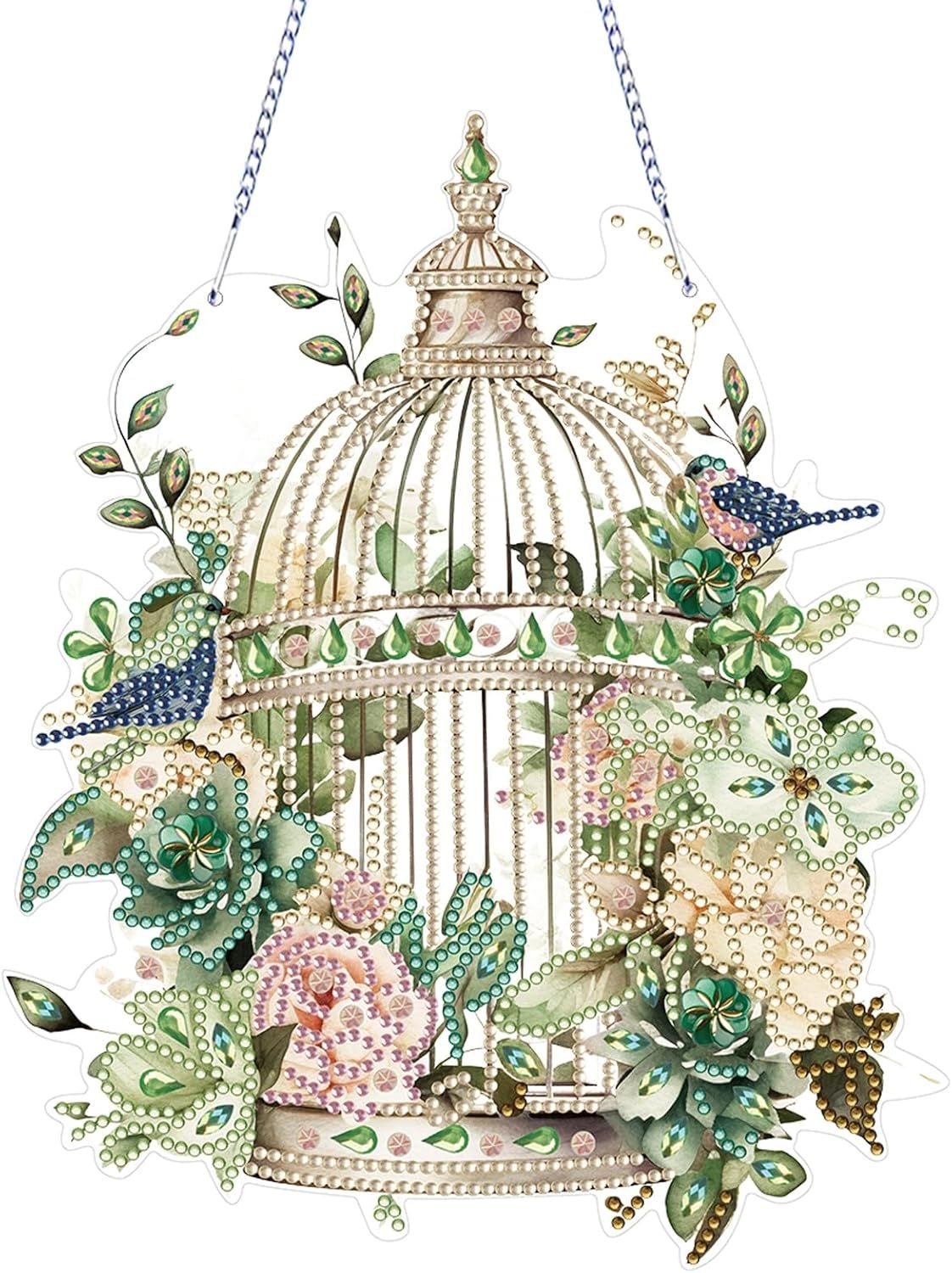 Diamond Art Painting Hanging Pendant Kit,DIY Flower Birdcage Crystal Art Hanging Sign,Diamond Window Hanging Wreath Ornament for Home Decor and Gift 366