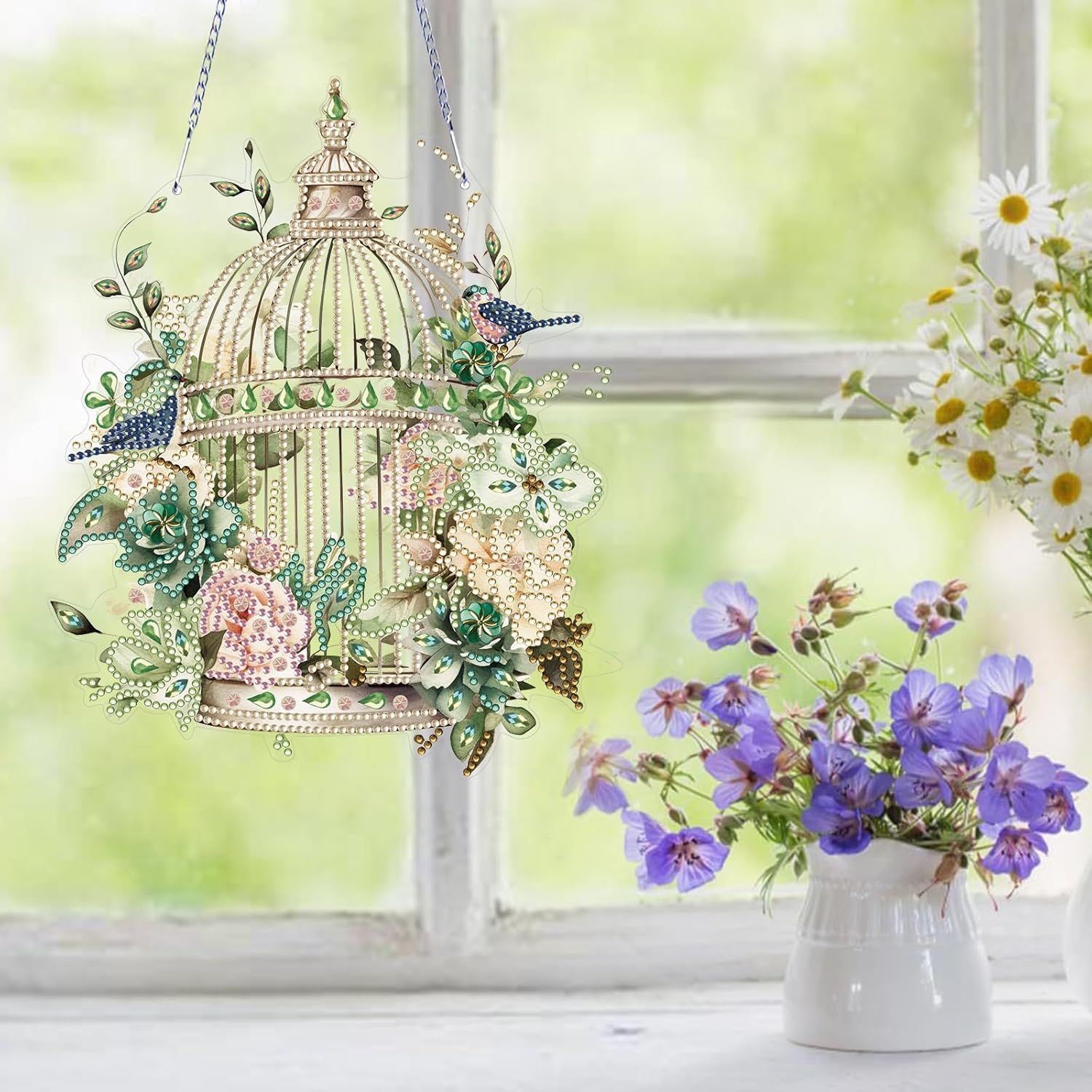 Diamond Art Painting Hanging Pendant Kit,DIY Flower Birdcage Crystal Art Hanging Sign,Diamond Window Hanging Wreath Ornament for Home Decor and Gift 366