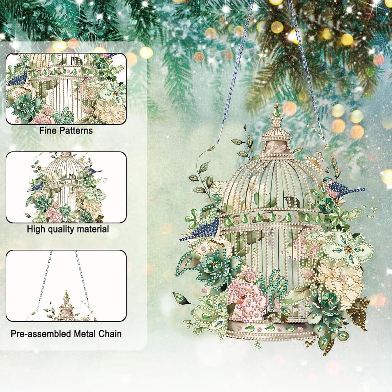 Diamond Art Painting Hanging Pendant Kit,DIY Flower Birdcage Crystal Art Hanging Sign,Diamond Window Hanging Wreath Ornament for Home Decor and Gift 366
