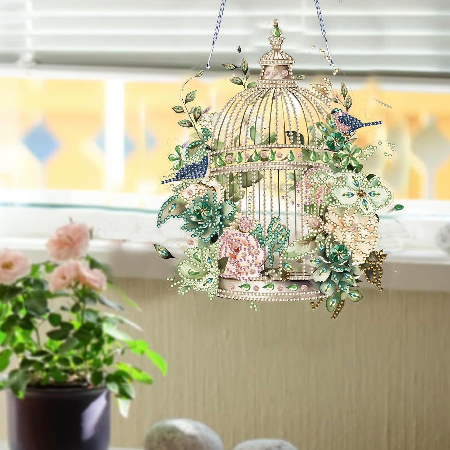 Diamond Art Painting Hanging Pendant Kit,DIY Flower Birdcage Crystal Art Hanging Sign,Diamond Window Hanging Wreath Ornament for Home Decor and Gift 366