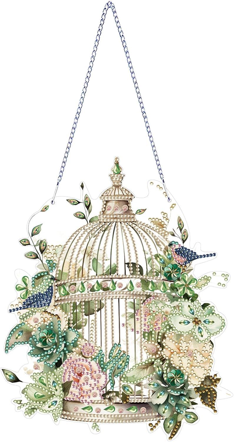 Diamond Art Painting Hanging Pendant Kit,DIY Flower Birdcage Crystal Art Hanging Sign,Diamond Window Hanging Wreath Ornament for Home Decor and Gift 366