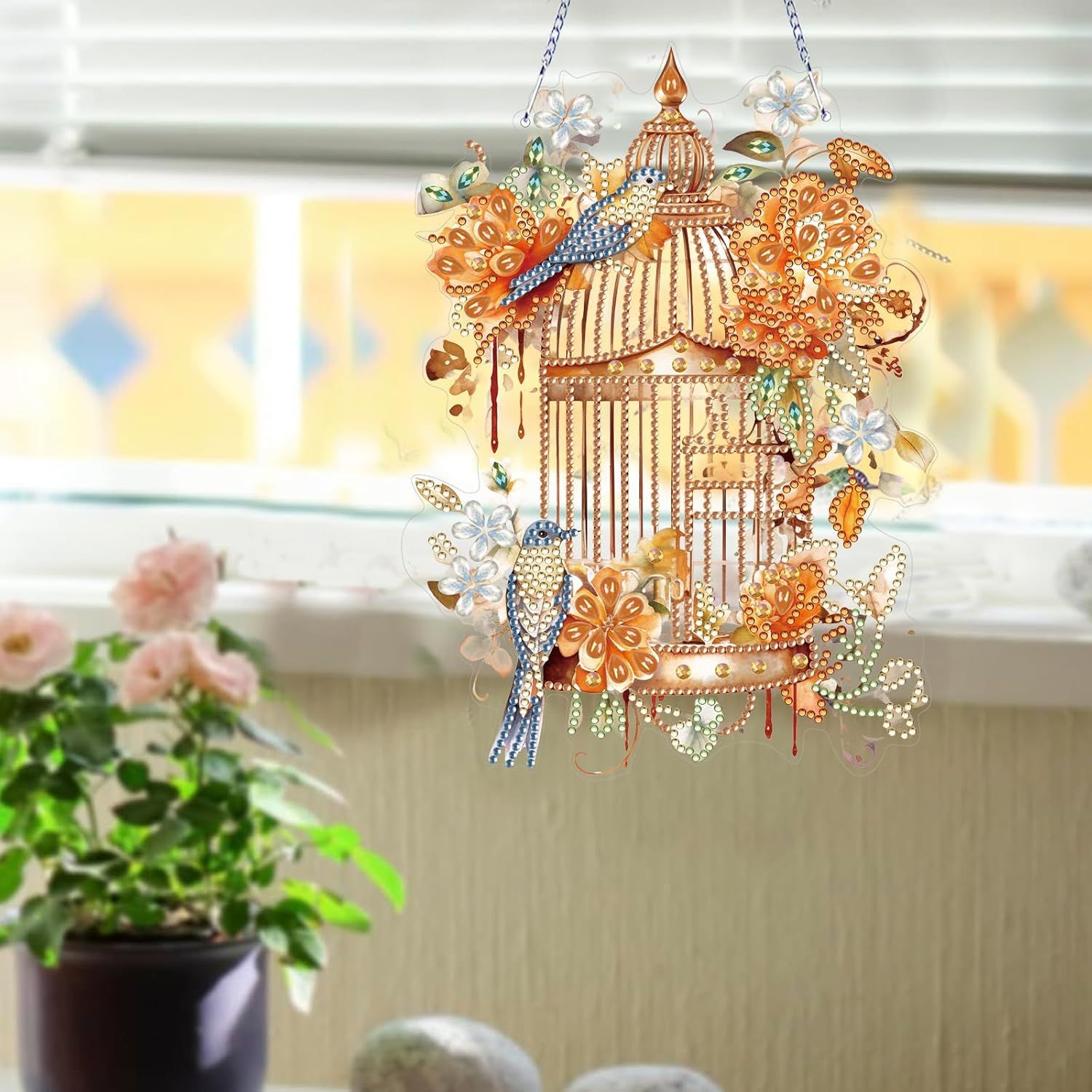 Diamond Art Painting Hanging Pendant Kit,DIY Flower Birdcage Crystal Art Hanging Sign,Diamond Window Hanging Wreath Ornament for Home Decor 365 , MHL-35