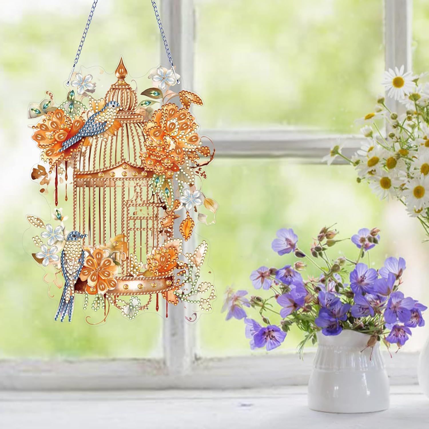 Diamond Art Painting Hanging Pendant Kit,DIY Flower Birdcage Crystal Art Hanging Sign,Diamond Window Hanging Wreath Ornament for Home Decor 365 , MHL-35