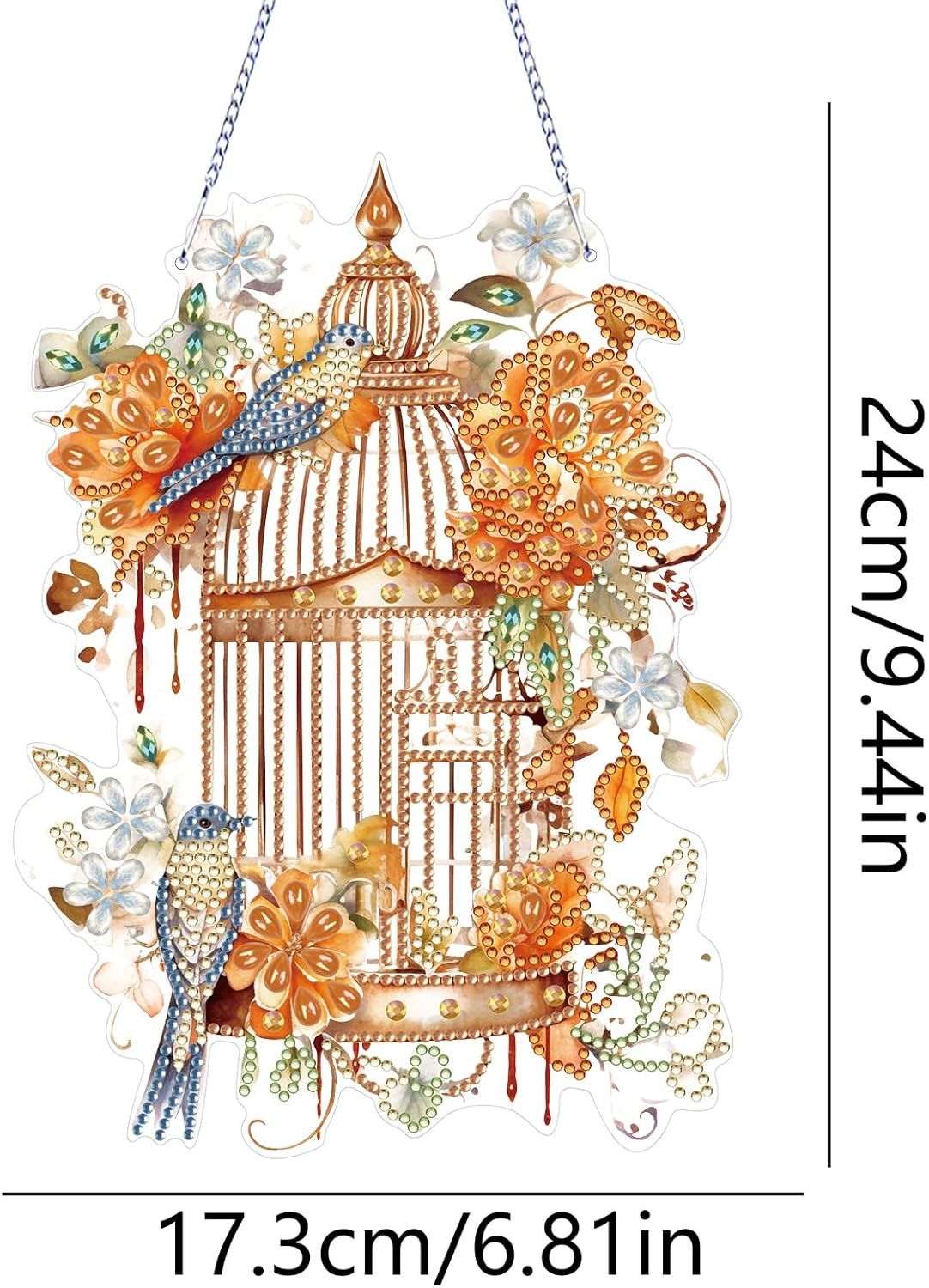 Diamond Art Painting Hanging Pendant Kit,DIY Flower Birdcage Crystal Art Hanging Sign,Diamond Window Hanging Wreath Ornament for Home Decor 365 , MHL-35
