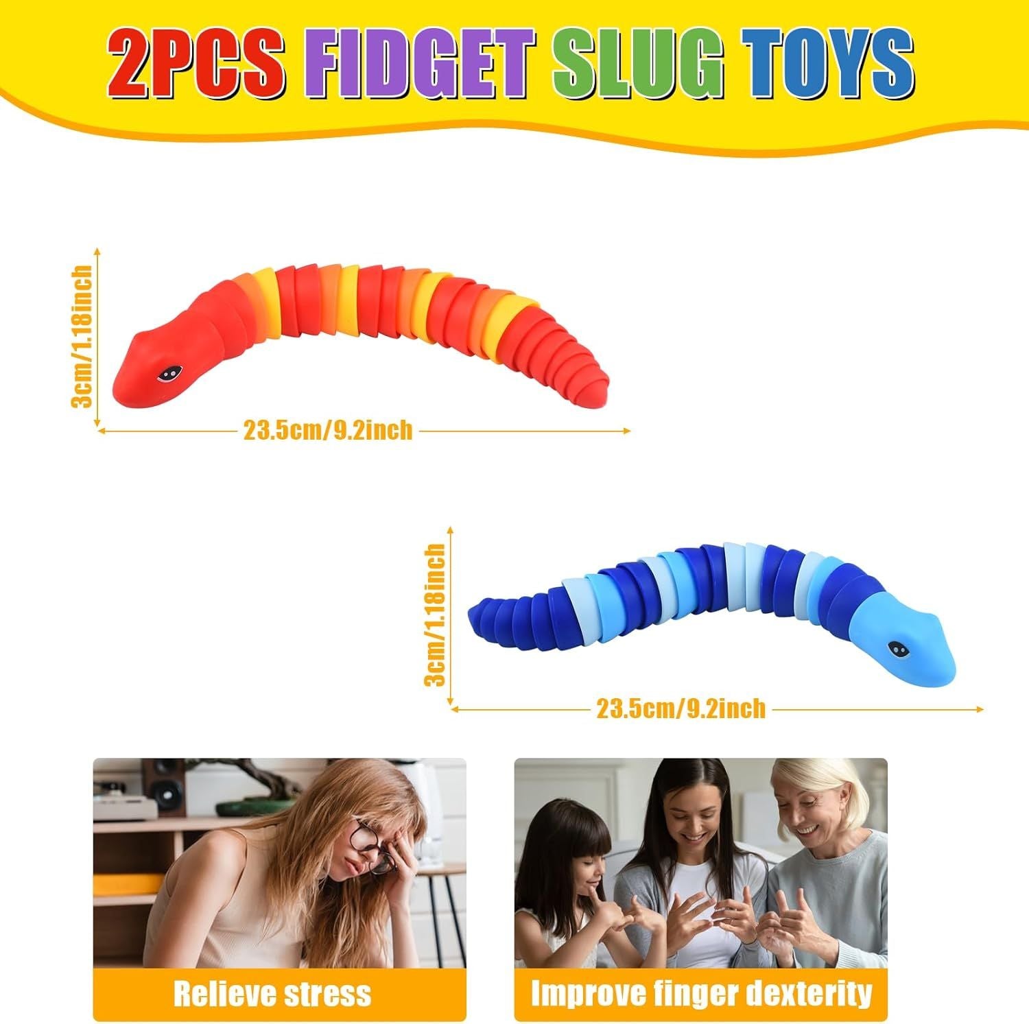 2 PCS Fidget Snakes Toys for Adults,3D Articulated Caterpillar Sensory Stress Relief Flexible Hand Toy, Ideal Party Favor Colorful Office Desk Toys Blue+Red