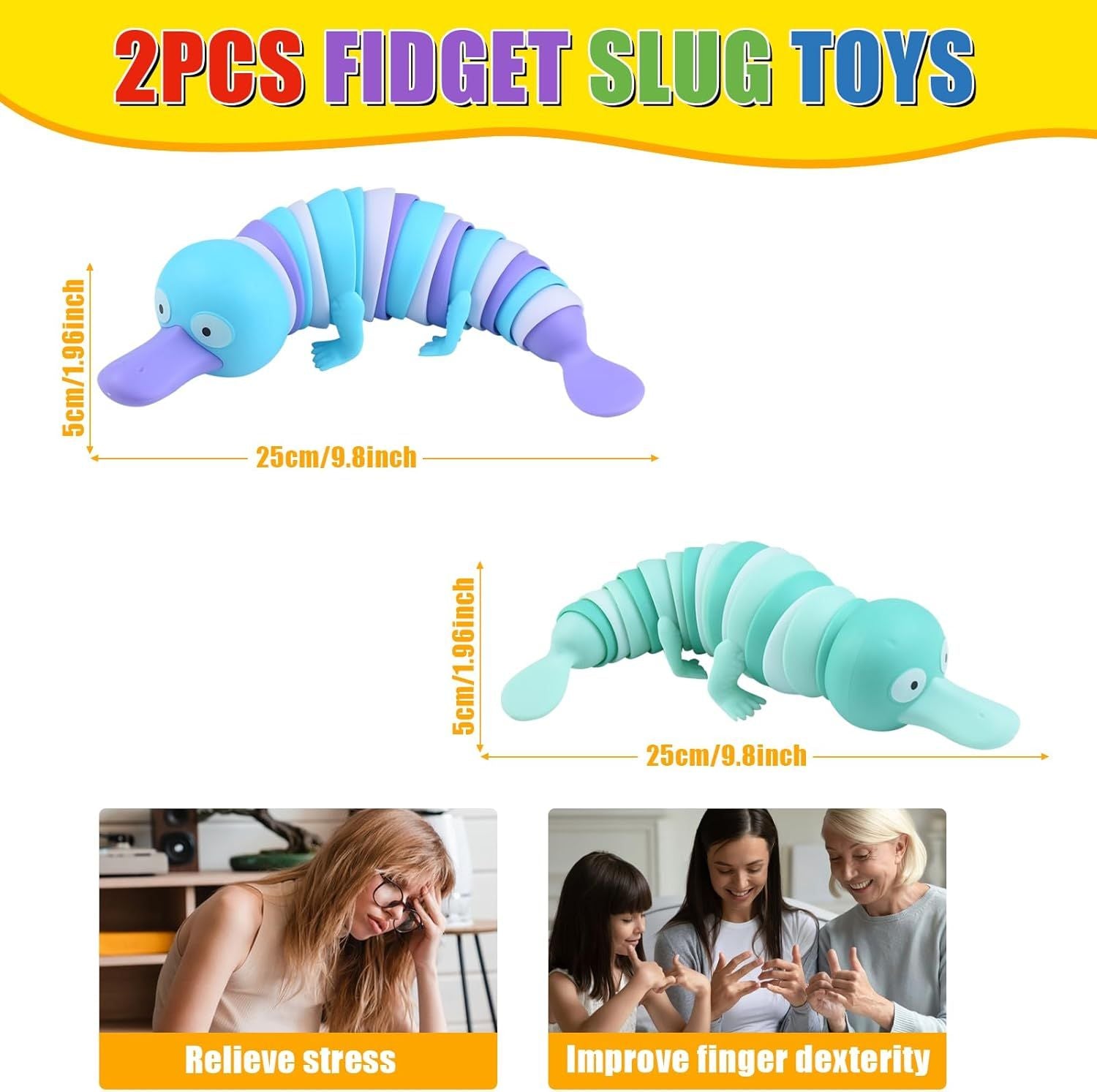 2 PCS Fidget Platypus Toys for Adults,3D Articulated Caterpillar Sensory Stress Relief Flexible Hand Toy, Ideal Party Favor Colorful Office Desk Toys