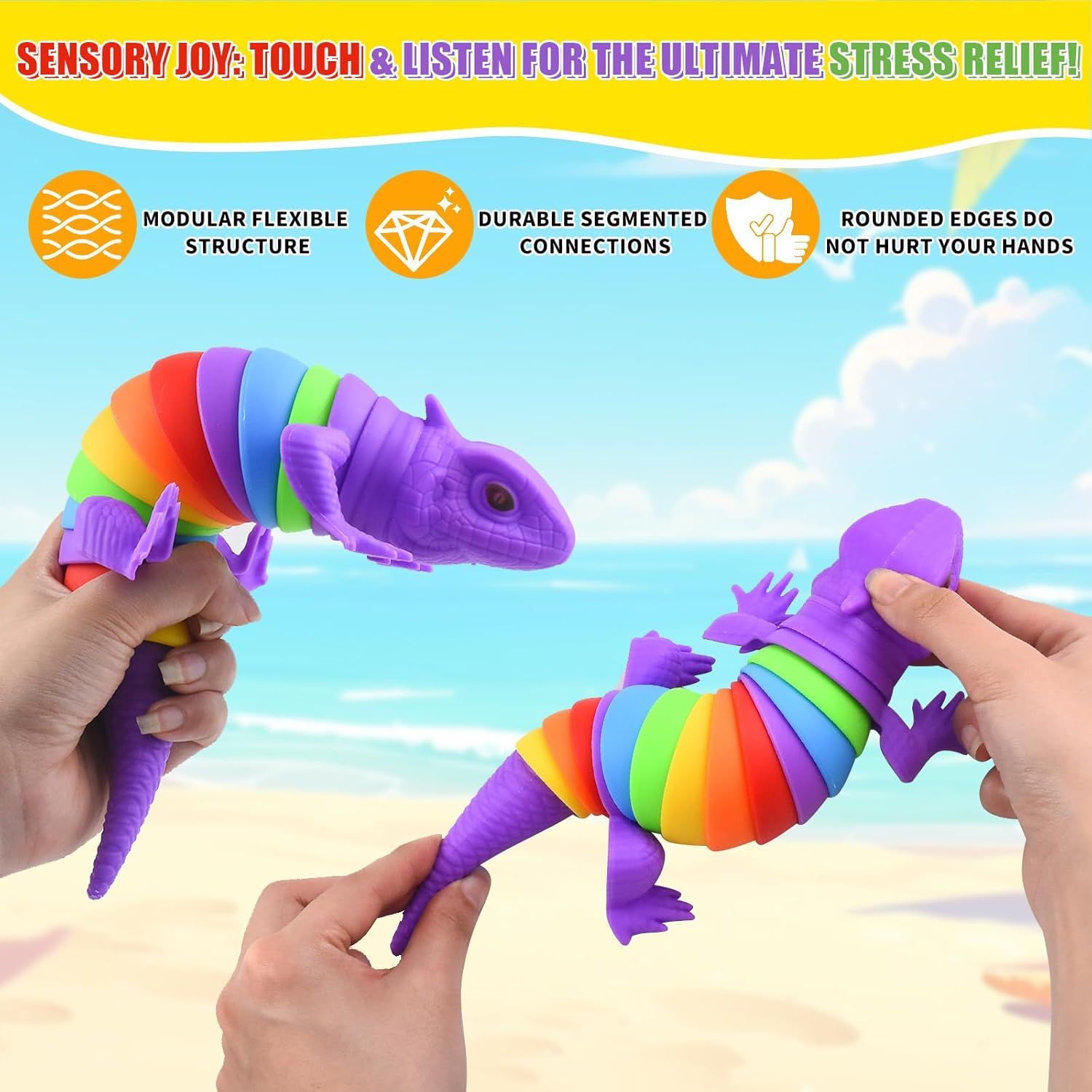 2 PCS Fidget Lizards Toys for Adults,3D Articulated Caterpillar Sensory Stress Relief Flexible Hand Toy, Ideal Party Favor Colorful Office Desk Toys Purple+Orange