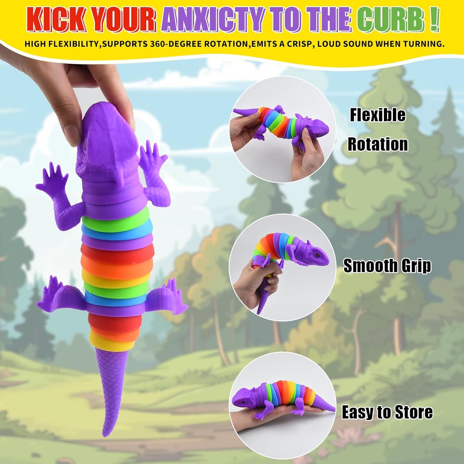 2 PCS Fidget Lizards Toys for Adults,3D Articulated Caterpillar Sensory Stress Relief Flexible Hand Toy, Ideal Party Favor Colorful Office Desk Toys Purple+Orange
