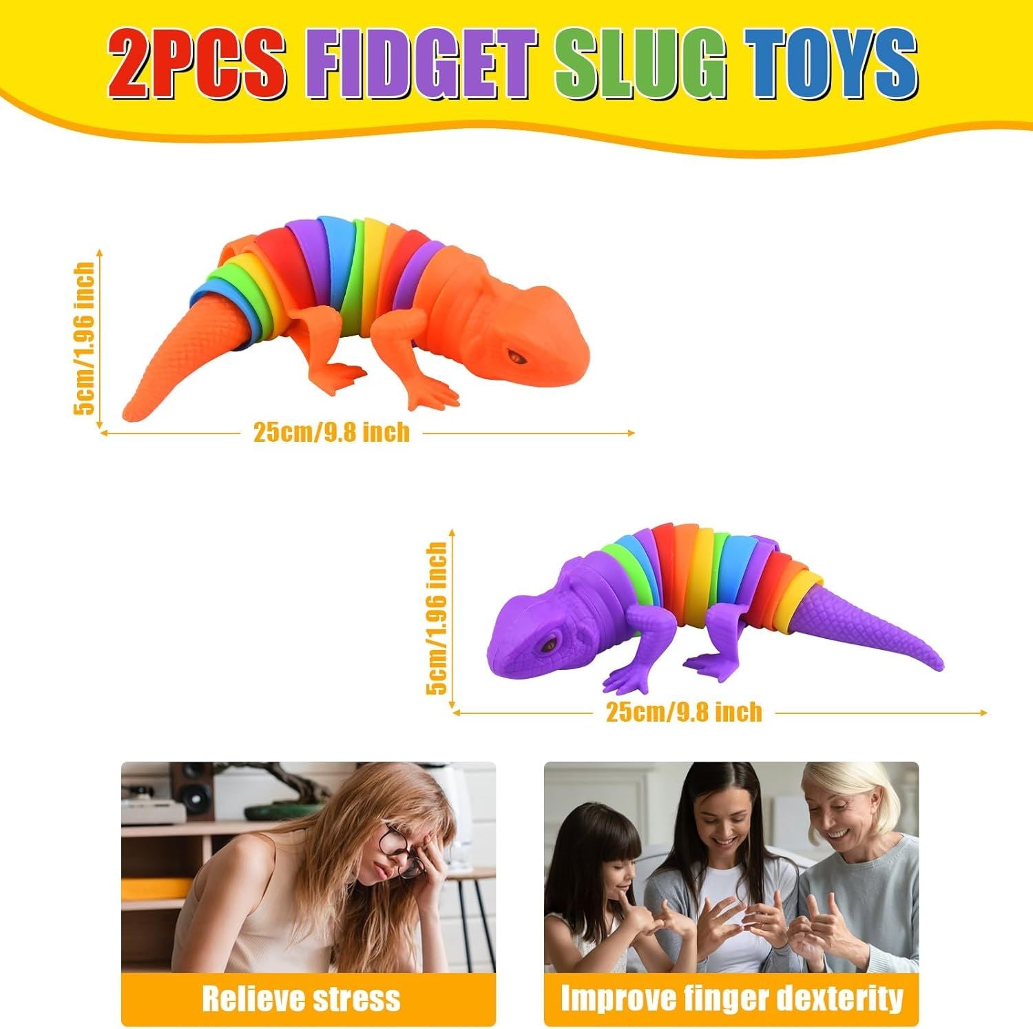 2 PCS Fidget Lizards Toys for Adults,3D Articulated Caterpillar Sensory Stress Relief Flexible Hand Toy, Ideal Party Favor Colorful Office Desk Toys Purple+Orange
