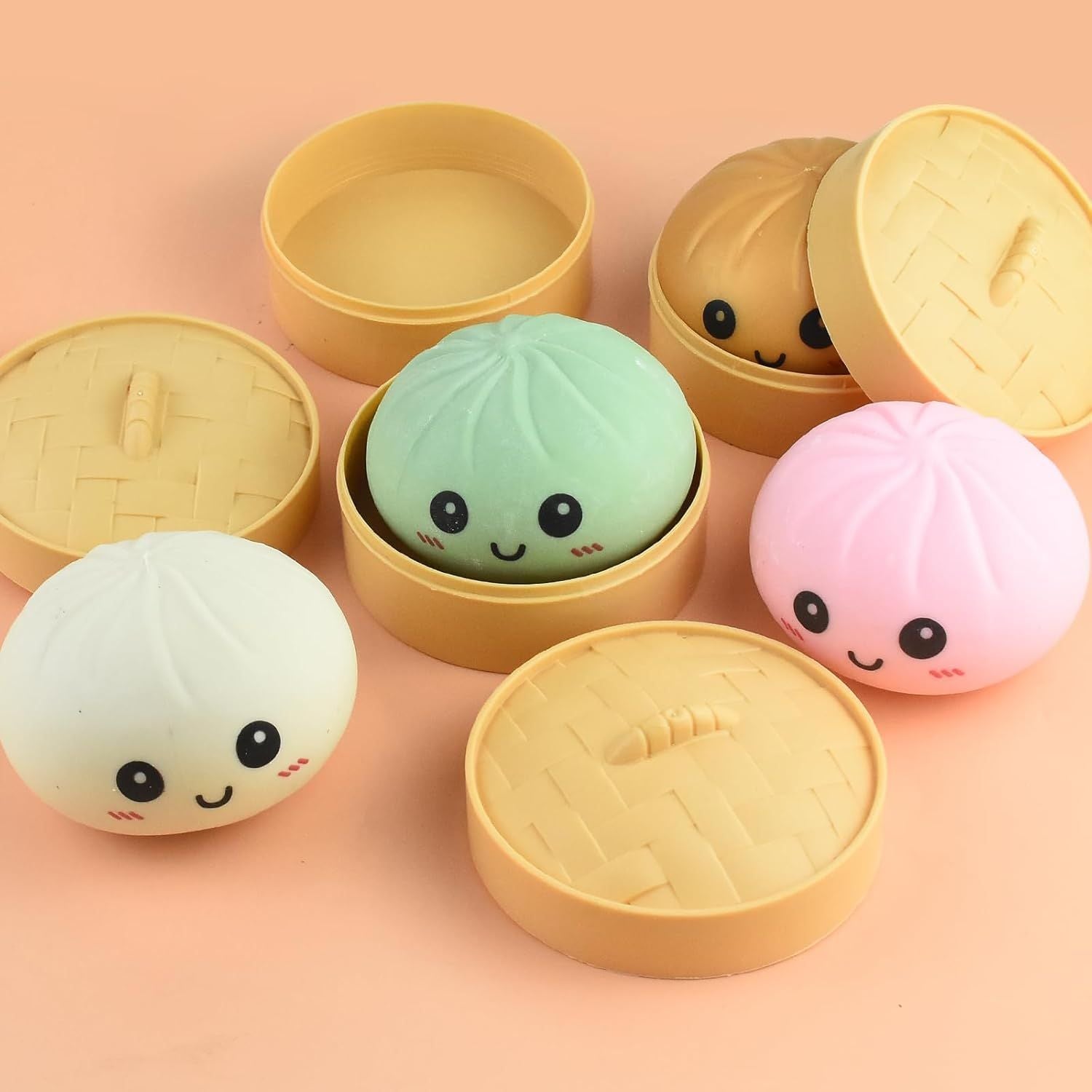 Giant Glitter Smiling face Colorful Dumpling Stress Balls Fidget Sensory Toy,Squeeze Dough Ball Stress Relief Hand Toy,Bun with Food Steamer Stretchy Desk Toys Green