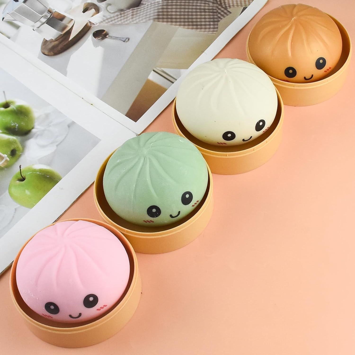 Giant Glitter Smiling face Colorful Dumpling Stress Balls Fidget Sensory Toy,Squeeze Dough Ball Stress Relief Hand Toy,Bun with Food Steamer Stretchy Desk Toys Green
