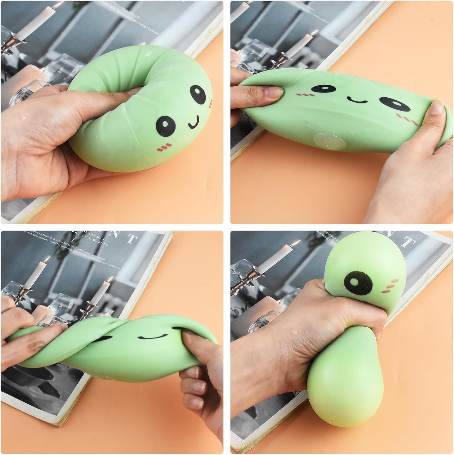 Giant Glitter Smiling face Colorful Dumpling Stress Balls Fidget Sensory Toy,Squeeze Dough Ball Stress Relief Hand Toy,Bun with Food Steamer Stretchy Desk Toys Green