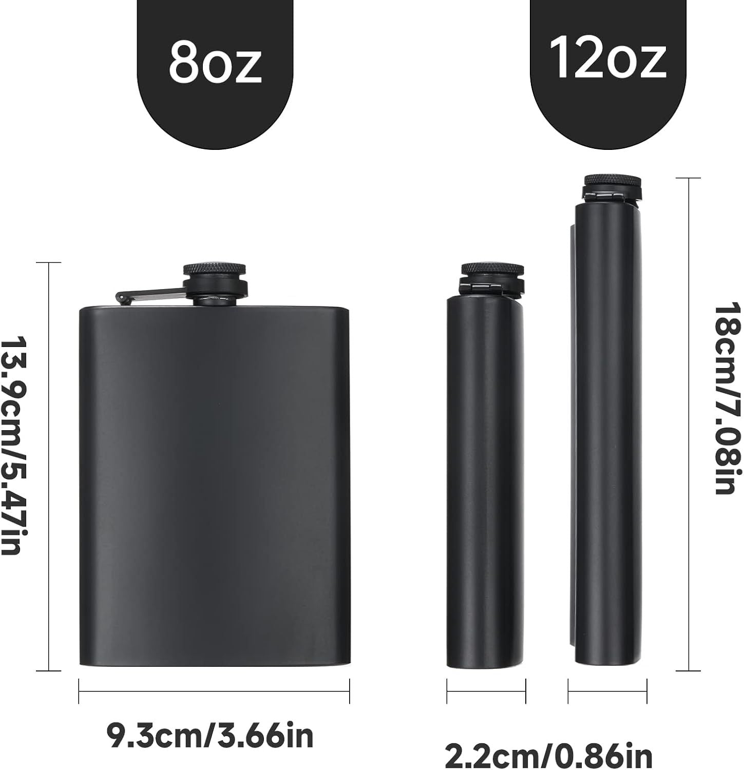 2 Pack Hip Flasks for Liquor, 8 Oz & 12 Oz Stainless Steel Leakproof Thin Flasks with Funnel for Men & Women Matte Black