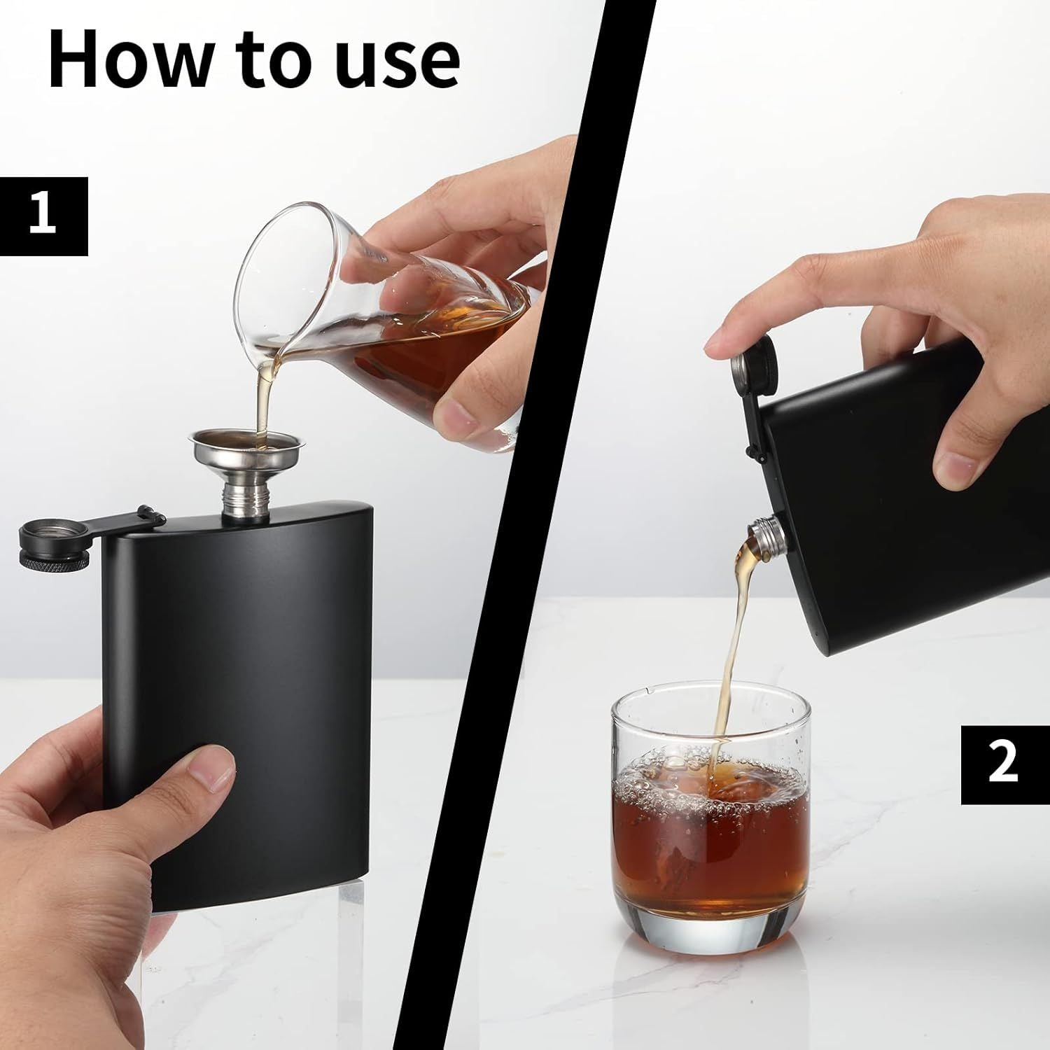 2 Pack Hip Flasks for Liquor, 8 Oz & 12 Oz Stainless Steel Leakproof Thin Flasks with Funnel for Men & Women Matte Black