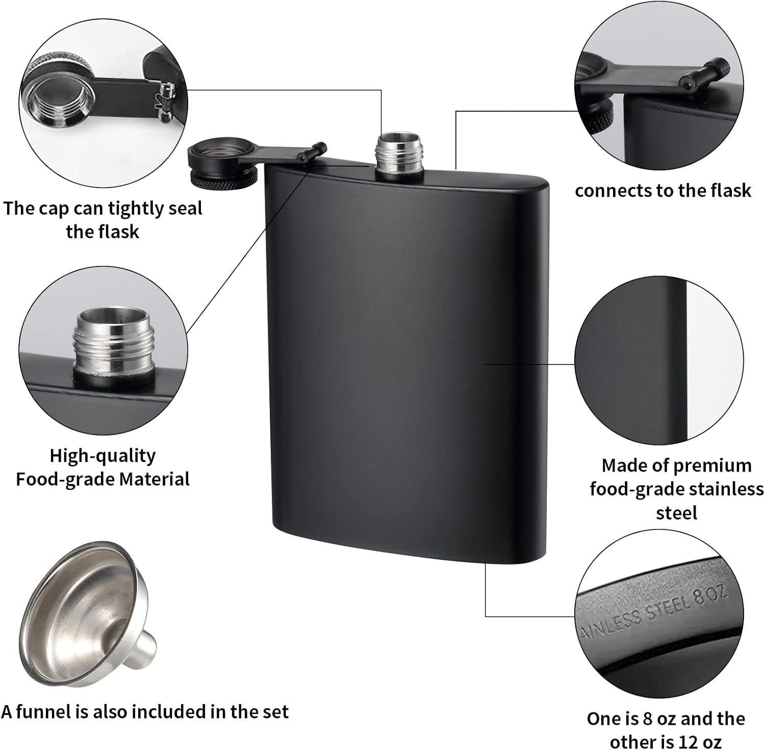 2 Pack Hip Flasks for Liquor, 8 Oz & 12 Oz Stainless Steel Leakproof Thin Flasks with Funnel for Men & Women Matte Black