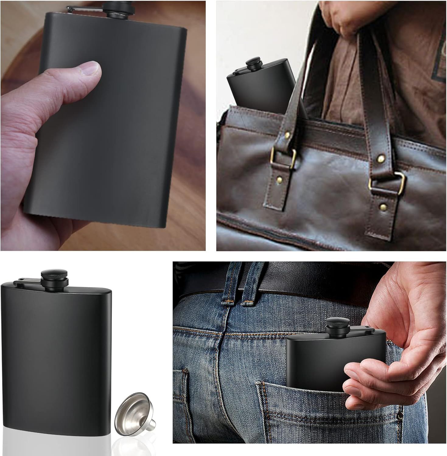 2 Pack Hip Flasks for Liquor, 8 Oz & 12 Oz Stainless Steel Leakproof Thin Flasks with Funnel for Men & Women Matte Black