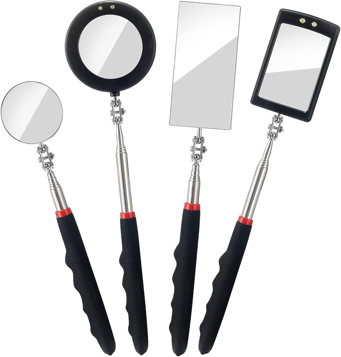 4PCS Telescoping Inspection Mirror LED Lighted Inspection Mirror for Mechanic Checking Vehicle, Car, Eyelashes, Mouth, Small Parts Observation Extendable, Rectangle & Round