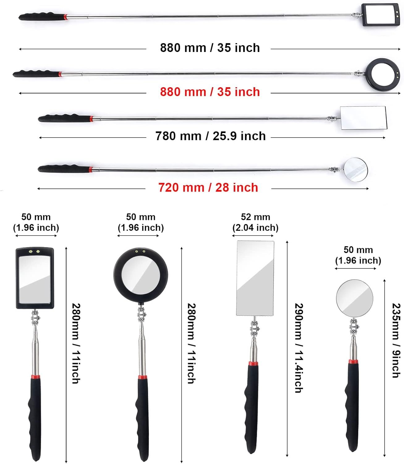 4PCS Telescoping Inspection Mirror LED Lighted Inspection Mirror for Mechanic Checking Vehicle, Car, Eyelashes, Mouth, Small Parts Observation Extendable, Rectangle & Round