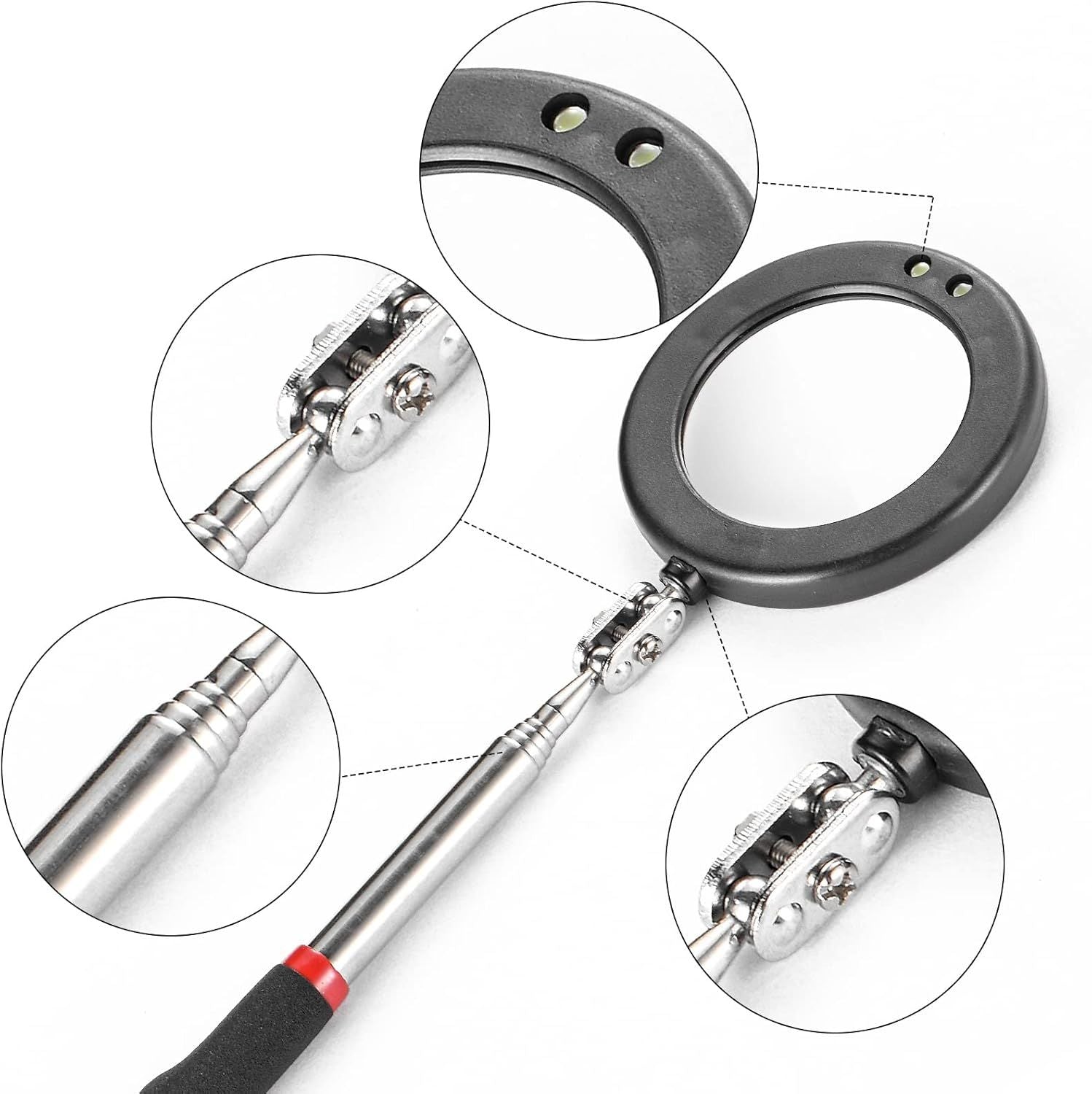4PCS Telescoping Inspection Mirror LED Lighted Inspection Mirror for Mechanic Checking Vehicle, Car, Eyelashes, Mouth, Small Parts Observation Extendable, Rectangle & Round