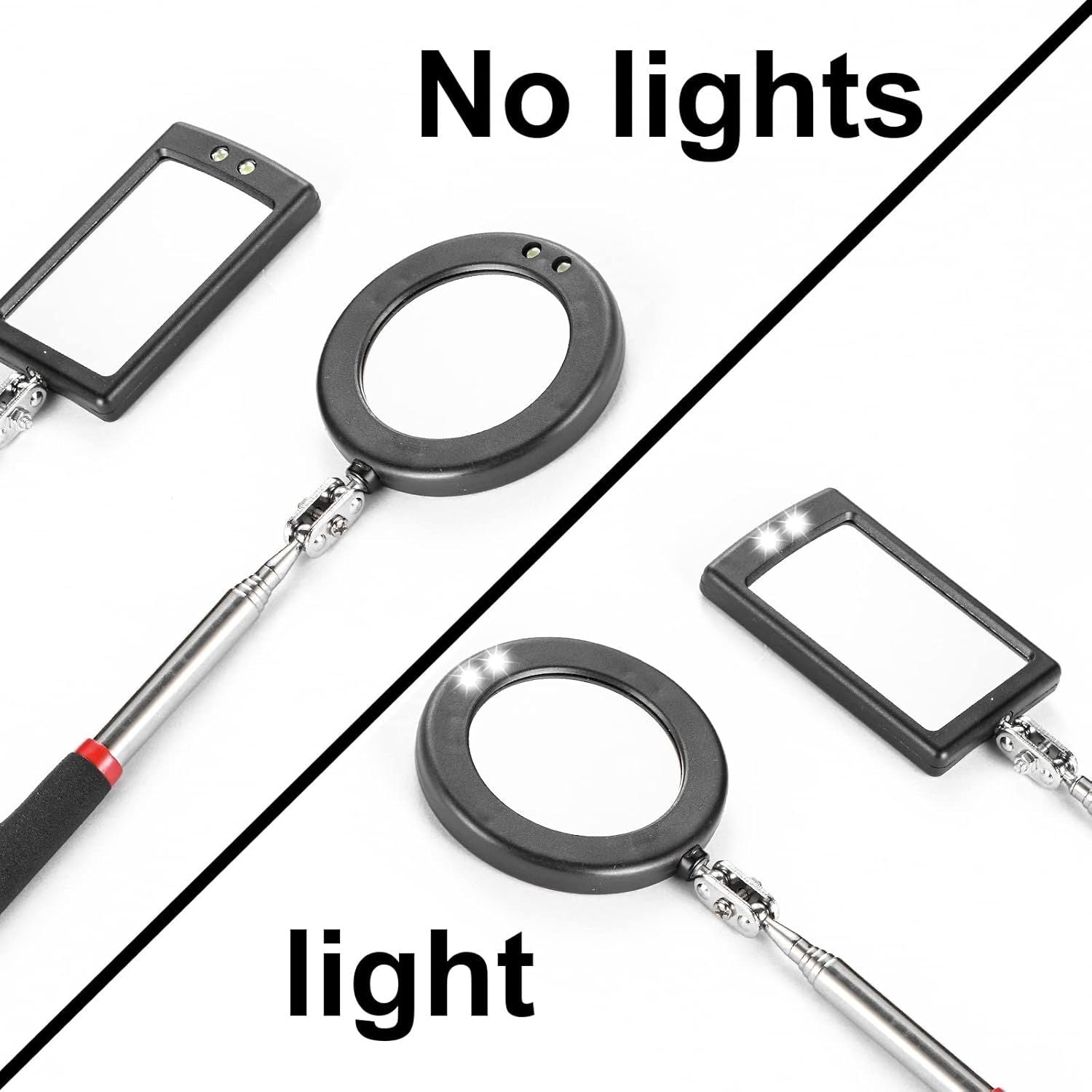 4PCS Telescoping Inspection Mirror LED Lighted Inspection Mirror for Mechanic Checking Vehicle, Car, Eyelashes, Mouth, Small Parts Observation Extendable, Rectangle & Round