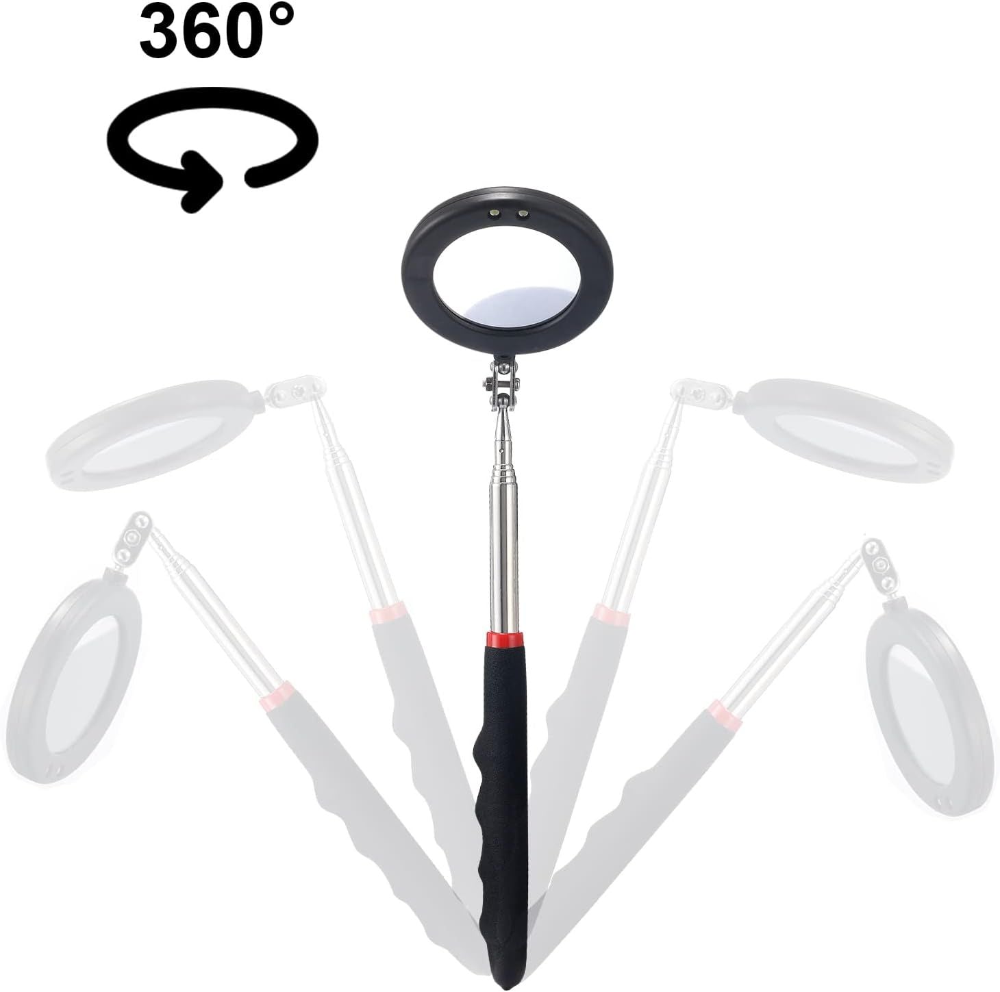 4PCS Telescoping Inspection Mirror LED Lighted Inspection Mirror for Mechanic Checking Vehicle, Car, Eyelashes, Mouth, Small Parts Observation Extendable, Rectangle & Round