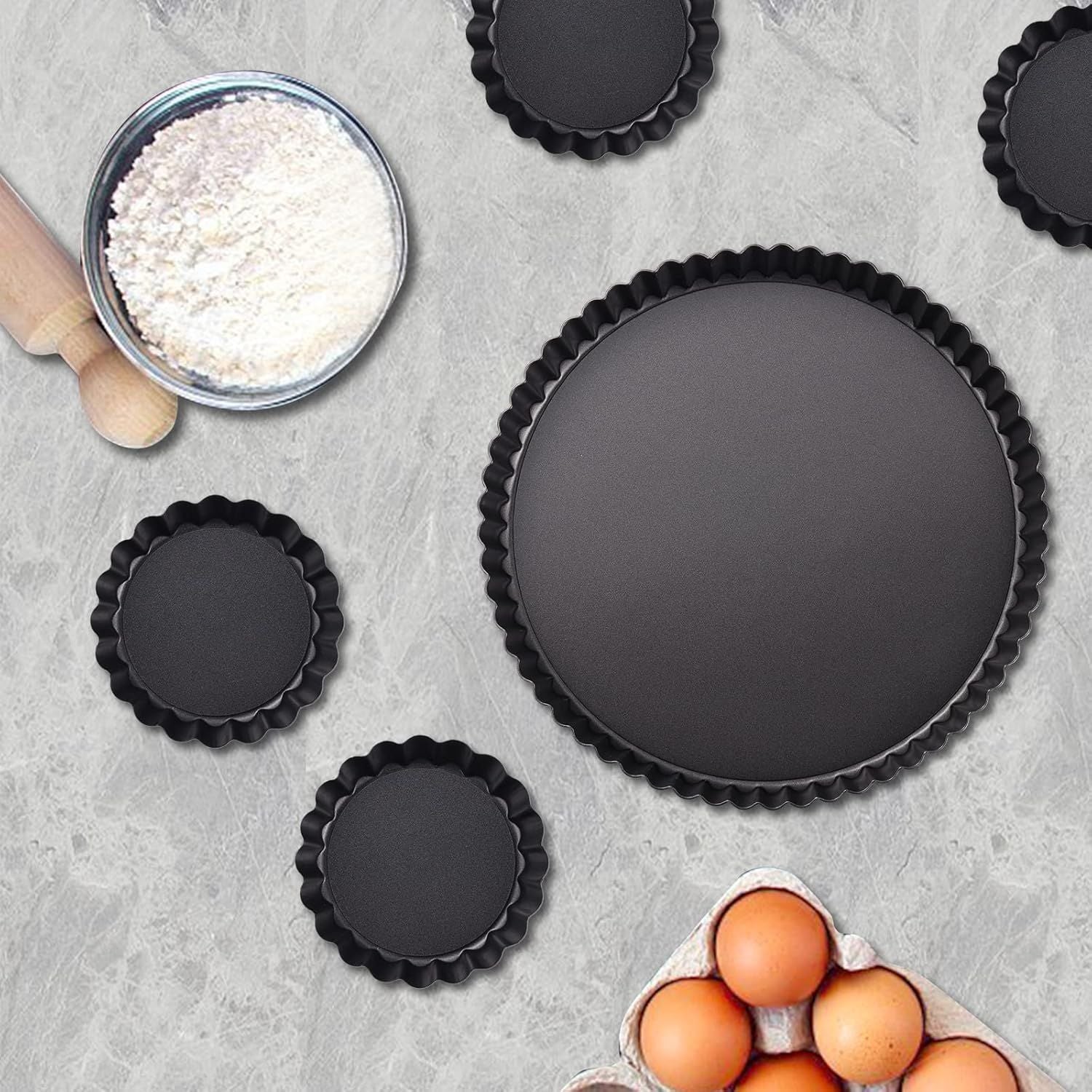 9 in Non-Stick Tart and Quiche Pan with Removable Bottom and 4 Mini Tart Pans 4-inch, Heavy Duty Fluted Side for Pies, Mousse Cakes, Dessert Baking 5 Pack