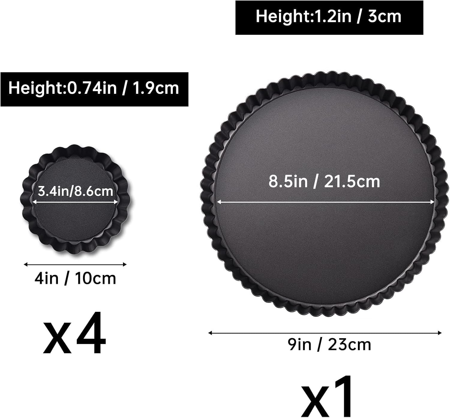 9 in Non-Stick Tart and Quiche Pan with Removable Bottom and 4 Mini Tart Pans 4-inch, Heavy Duty Fluted Side for Pies, Mousse Cakes, Dessert Baking 5 Pack