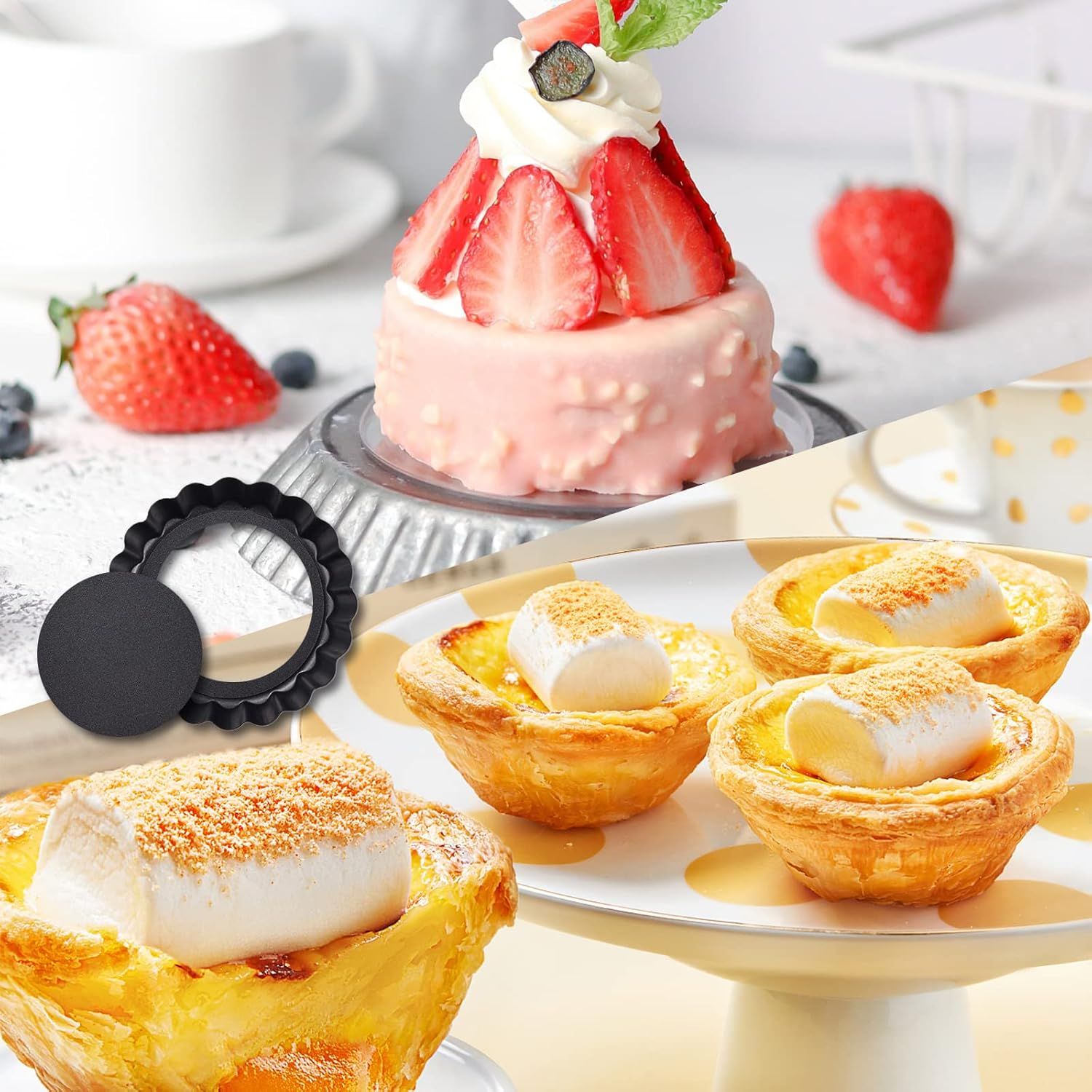 9 in Non-Stick Tart and Quiche Pan with Removable Bottom and 4 Mini Tart Pans 4-inch, Heavy Duty Fluted Side for Pies, Mousse Cakes, Dessert Baking 5 Pack