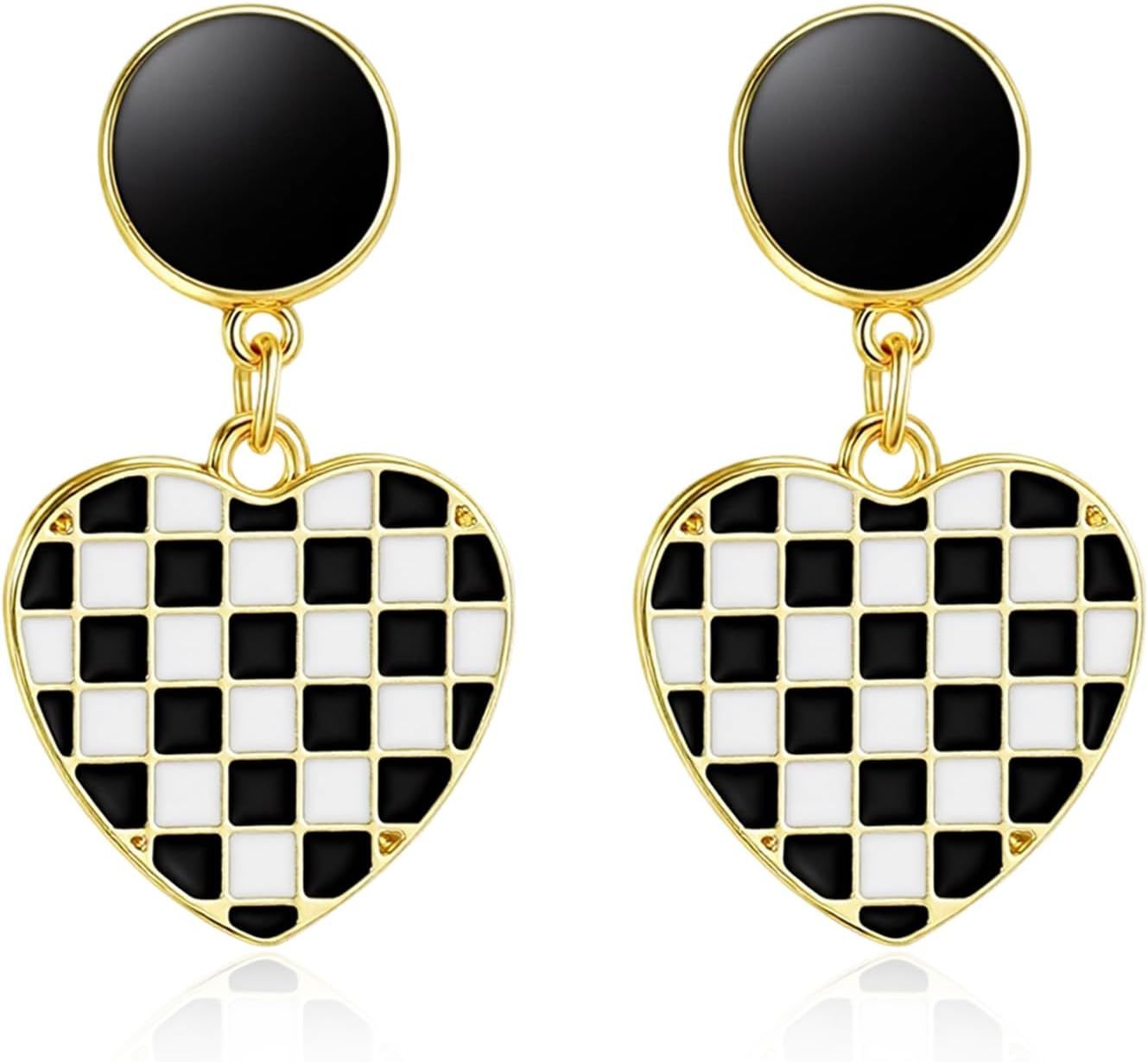 Racing Earrings, 1Pair Heart-Shaped Checkered Earrings for Women for Racing Fans Race Day Gift Black and White