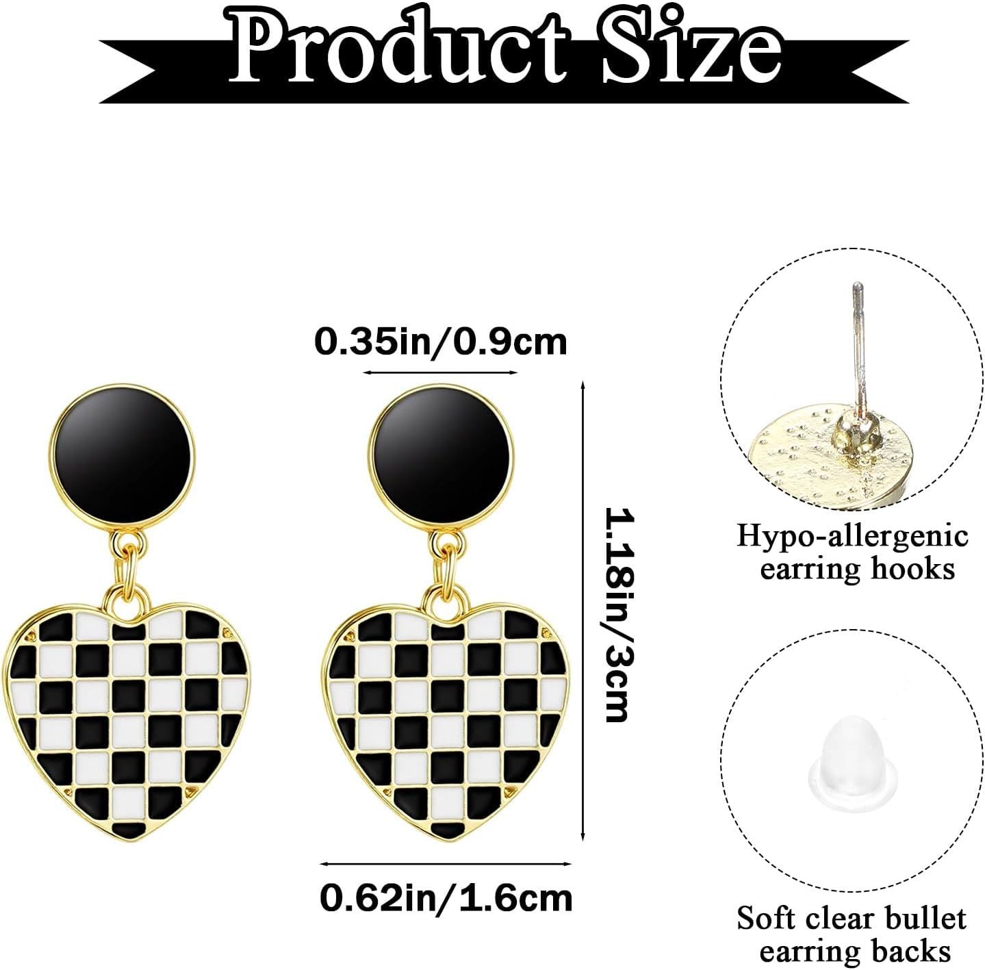 Racing Earrings, 1Pair Heart-Shaped Checkered Earrings for Women for Racing Fans Race Day Gift Black and White