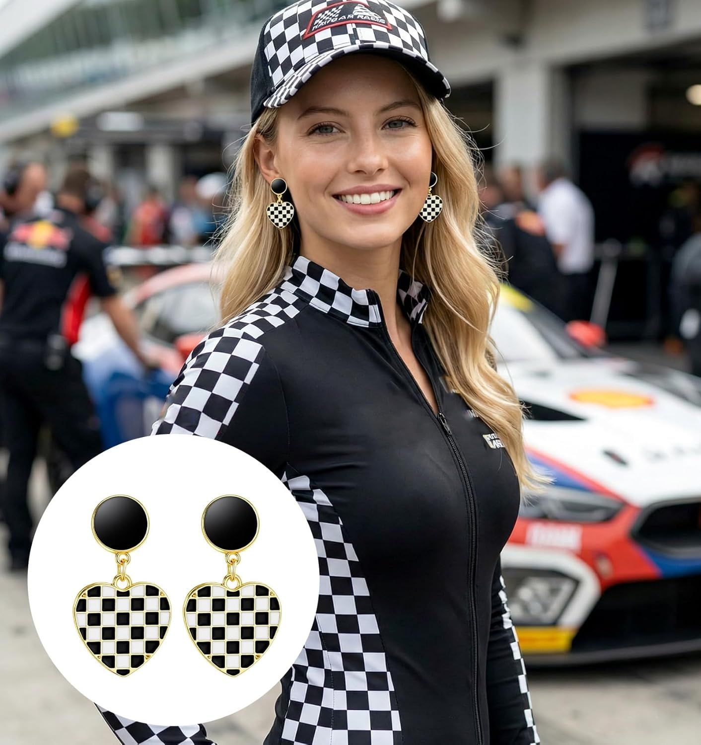 Racing Earrings, 1Pair Heart-Shaped Checkered Earrings for Women for Racing Fans Race Day Gift Black and White