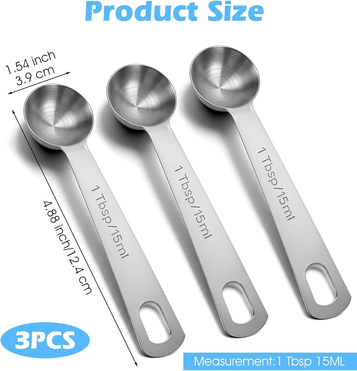 1 Tablespoon Measuring Spoon, 3PCS Stainless Steel Single Measuring Spoon, 3 Tsp/1 Tbsp Marked, Durable Rust Resistant Metal for Cooking Baking Coffee Sugar Silver, 15 Ml