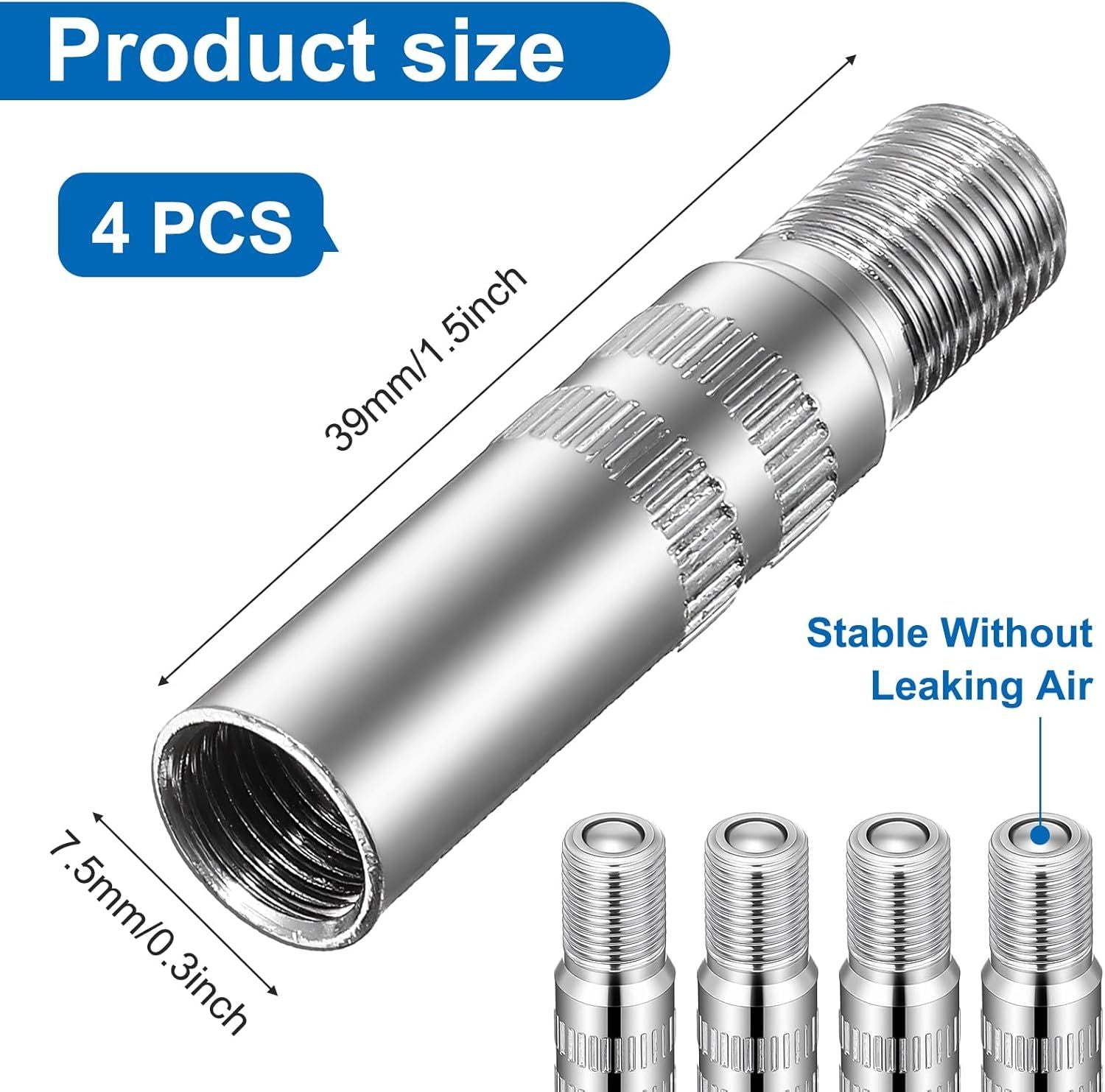 4Pcs Tire Valve Extender, Tire Valve Extension Adapter 39mm for Car & Motorcycle, Silver Heavy Duty, Leak Proof Design