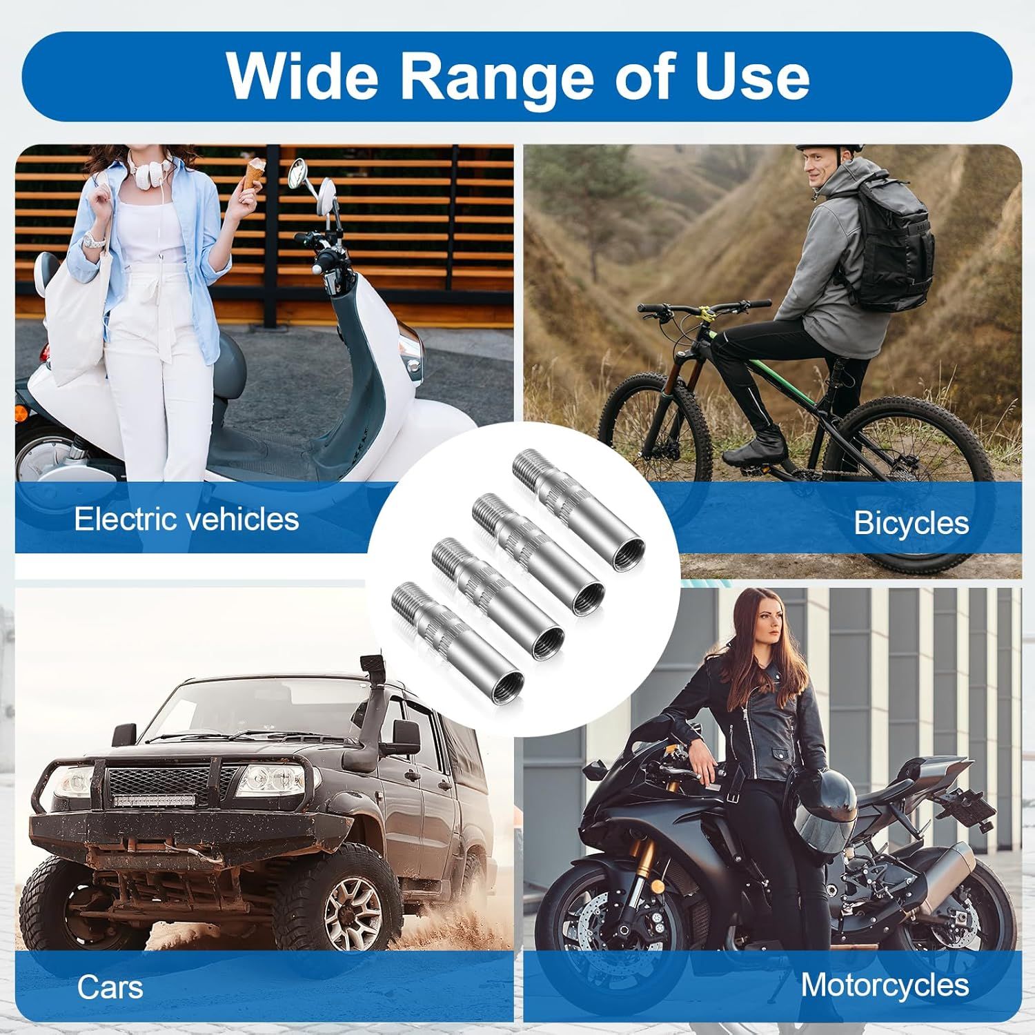 4Pcs Tire Valve Extender, Tire Valve Extension Adapter 39mm for Car & Motorcycle, Silver Heavy Duty, Leak Proof Design