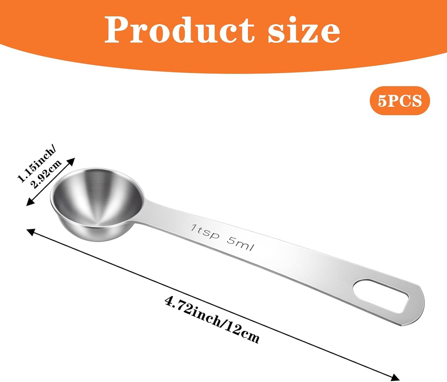 5PCS Teaspoon Measuring Spoon, 4.72 inch Stainless Steel 1 Tsp Measuring Spoon Set for Kitchen Ingredients Silver, 5ml