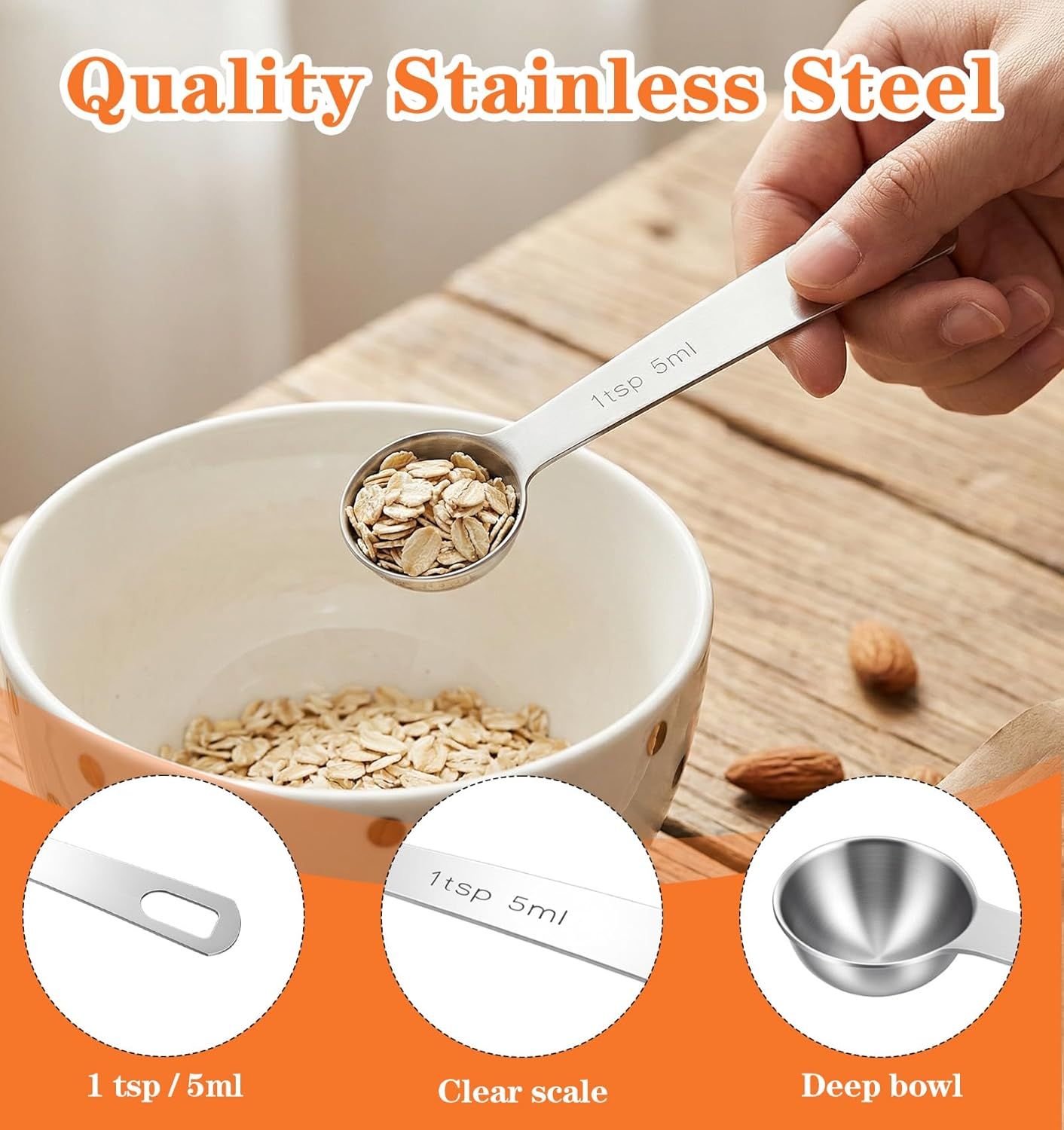 5PCS Teaspoon Measuring Spoon, 4.72 inch Stainless Steel 1 Tsp Measuring Spoon Set for Kitchen Ingredients Silver, 5ml