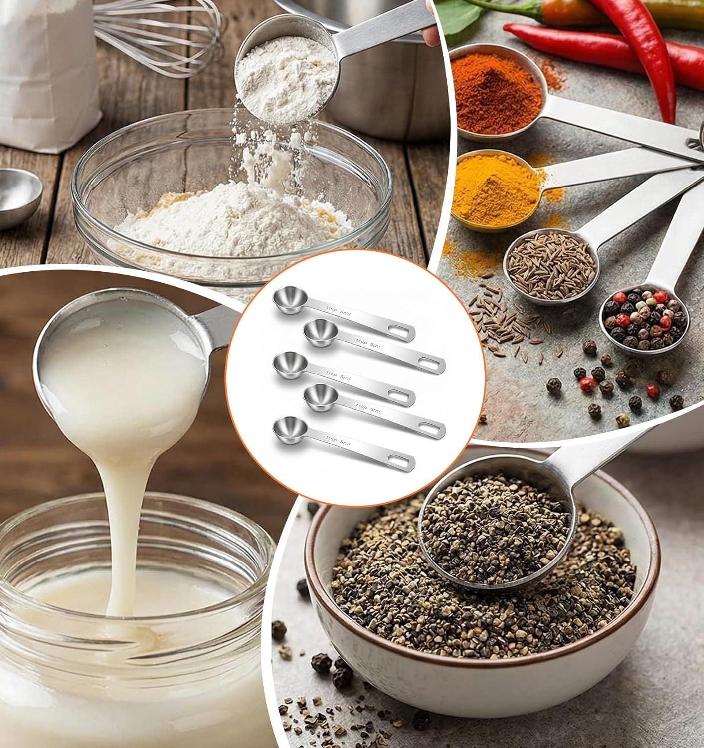 5PCS Teaspoon Measuring Spoon, 4.72 inch Stainless Steel 1 Tsp Measuring Spoon Set for Kitchen Ingredients Silver, 5ml