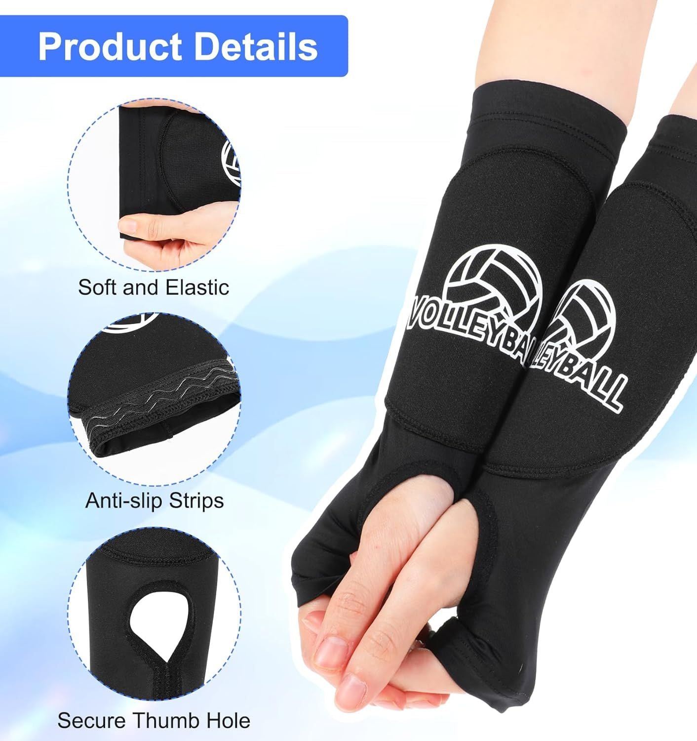 Arm Sleeves for Volleyball, 10.2" Girls Volleyball Arm Sleeves with Soft Foam Arms Pads & Thumb Hole for Kids Youth Girls Black, 1 Pair