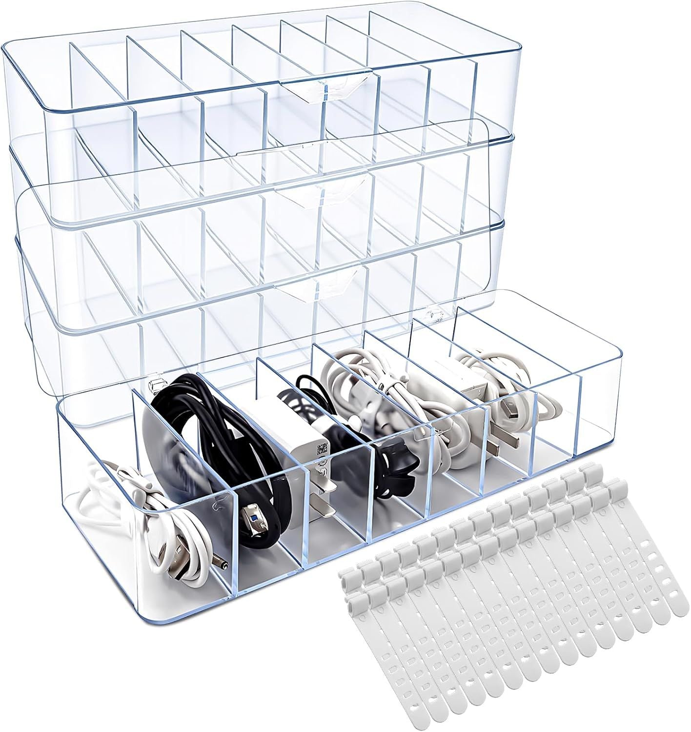 4 Pack Cable Storage Organizer, 10 In Plastic Cord Storage Box with 30 Wire Ties, Clear Charger Organizer with Lid for Office Home Desk Accessories