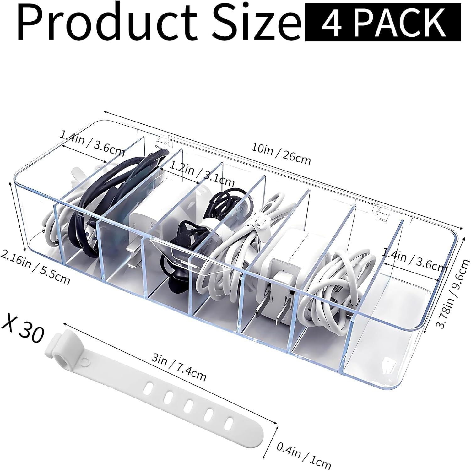 4 Pack Cable Storage Organizer, 10 In Plastic Cord Storage Box with 30 Wire Ties, Clear Charger Organizer with Lid for Office Home Desk Accessories